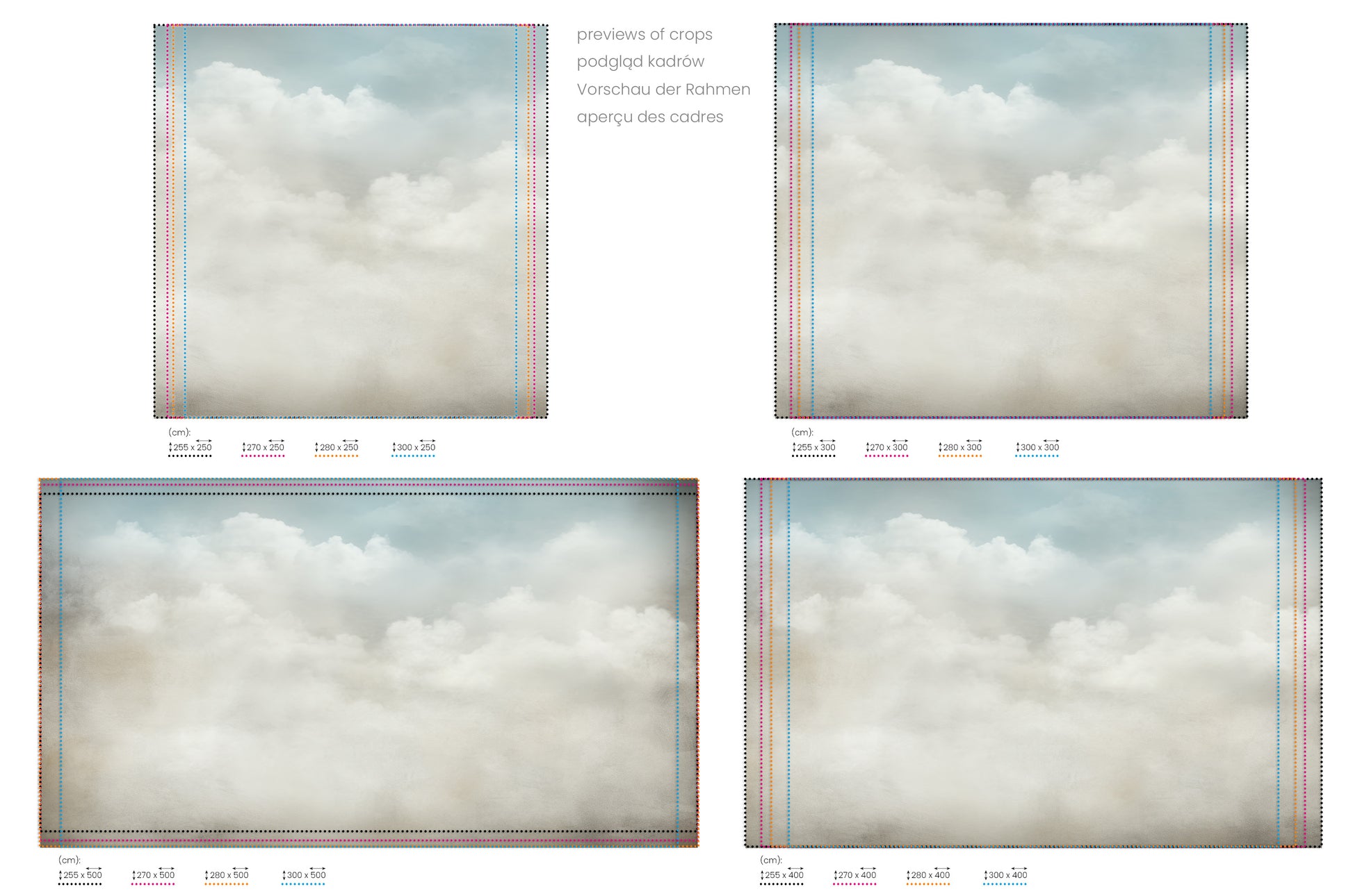 Na obrazie znajduje się prezentacja przykładowych rozmiarów fototapety o nazwie COTTON CLOUD DREAMSCAPE. Rozmiar fototapety jest dowolny.