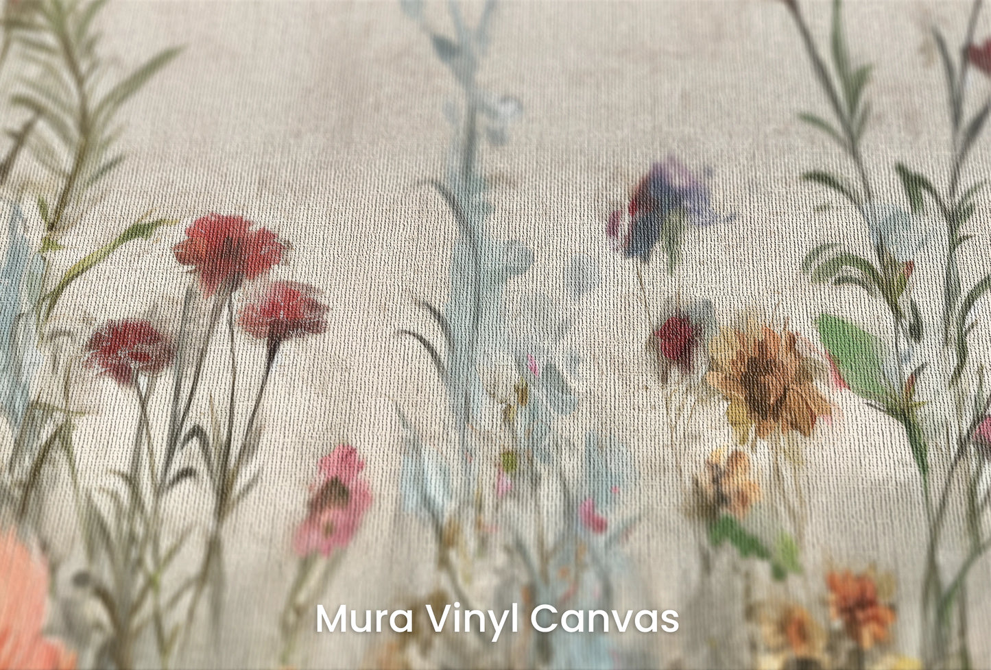 Zbliżenie na artystyczną fototapetę o nazwie Wildflower Fields na podłożu Mura Vinyl Canvas - faktura naturalnego płótna.