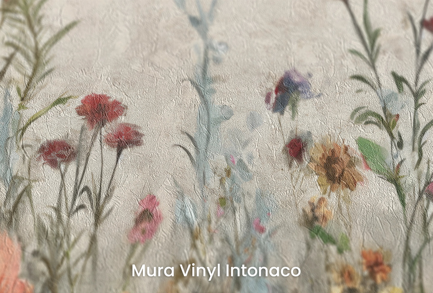 Zbliżenie na artystyczną fototapetę o nazwie Wildflower Fields na podłożu Mura Vinyl Intonaco - struktura tartego tynku.