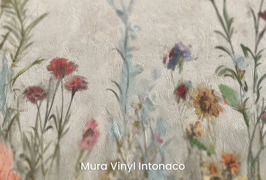 Zbliżenie na artystyczną fototapetę o nazwie Wildflower Fields na podłożu Mura Vinyl Intonaco - struktura tartego tynku.