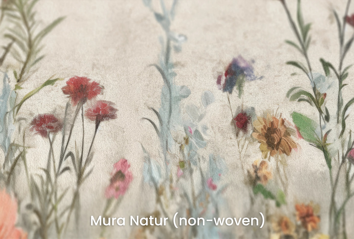 Zbliżenie na artystyczną fototapetę o nazwie Wildflower Fields na podłożu Mura Natur (non-woven) - naturalne i ekologiczne podłoże.