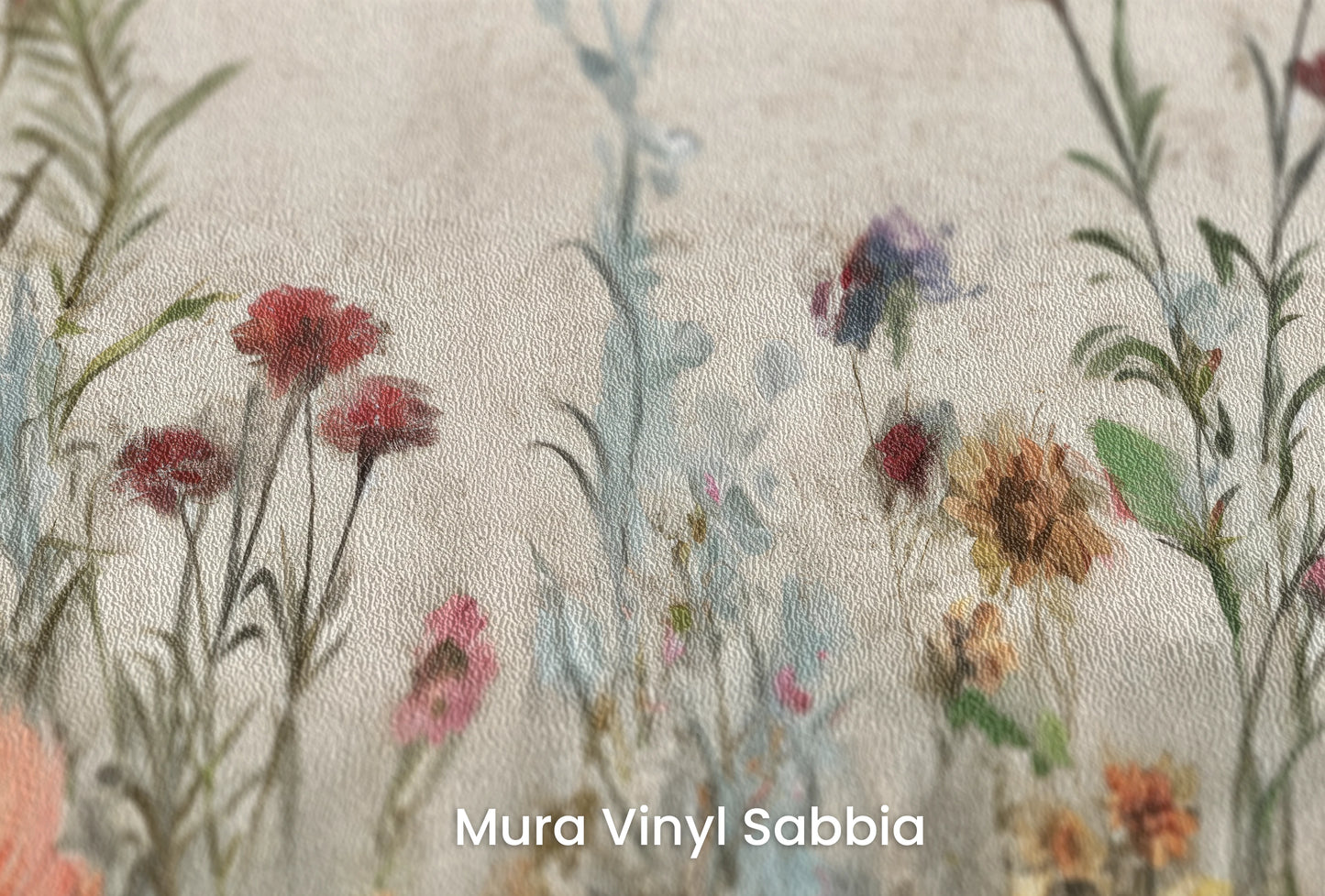 Zbliżenie na artystyczną fototapetę o nazwie Wildflower Fields na podłożu Mura Vinyl Sabbia struktura grubego ziarna piasku.