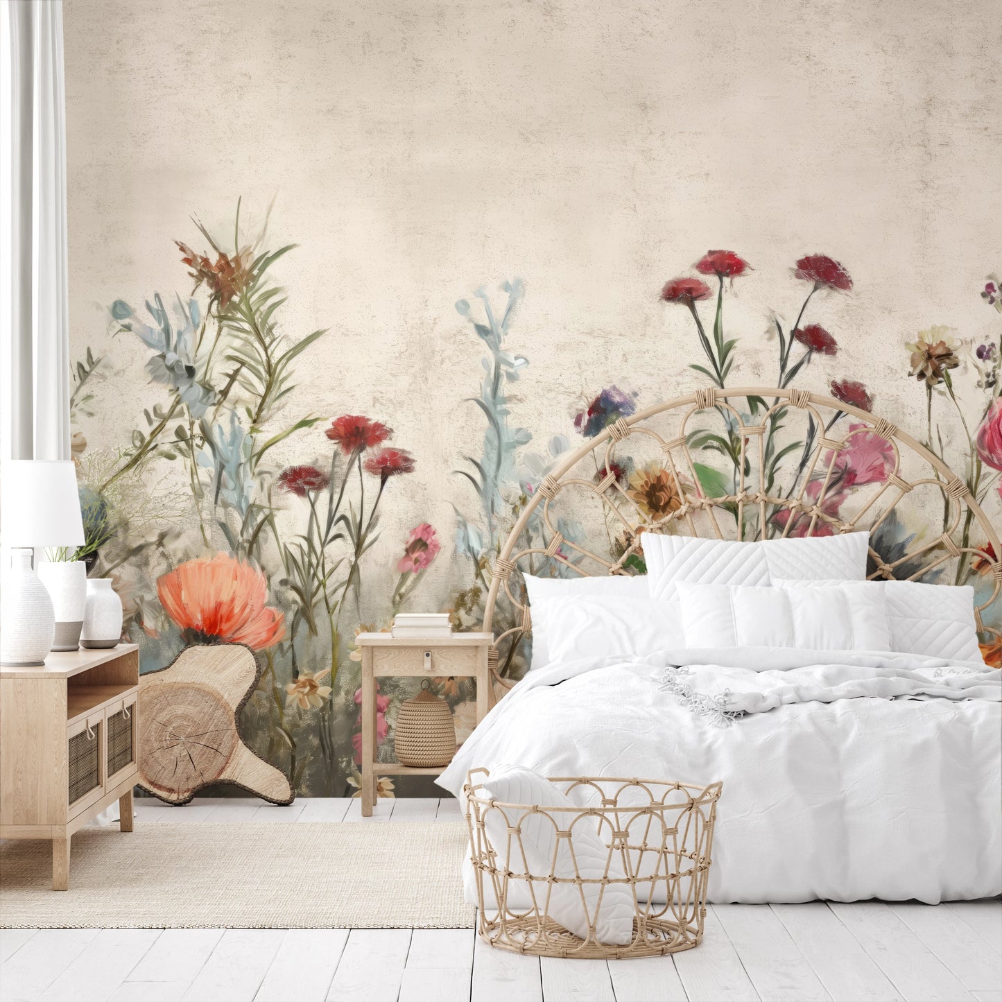 Wzór fototapety artystycznej o nazwie Wildflower Fields pokazanej w aranżacji wnętrza.