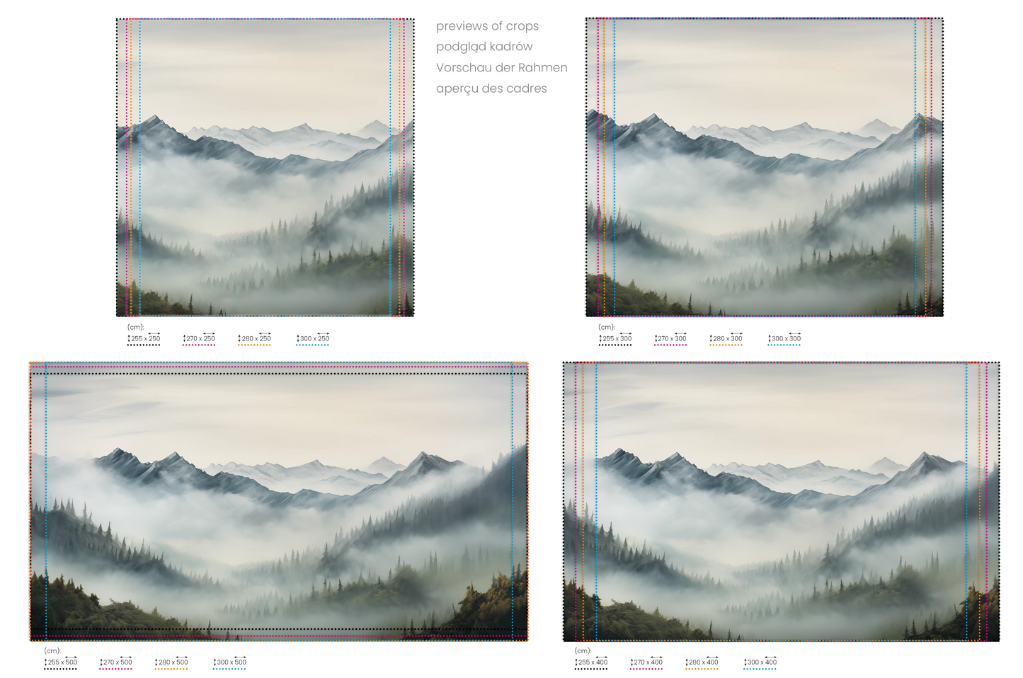 Na obrazie znajduje się prezentacja przykładowych rozmiarów fototapety o nazwie Tranquil Dawn. Rozmiar fototapety jest dowolny.