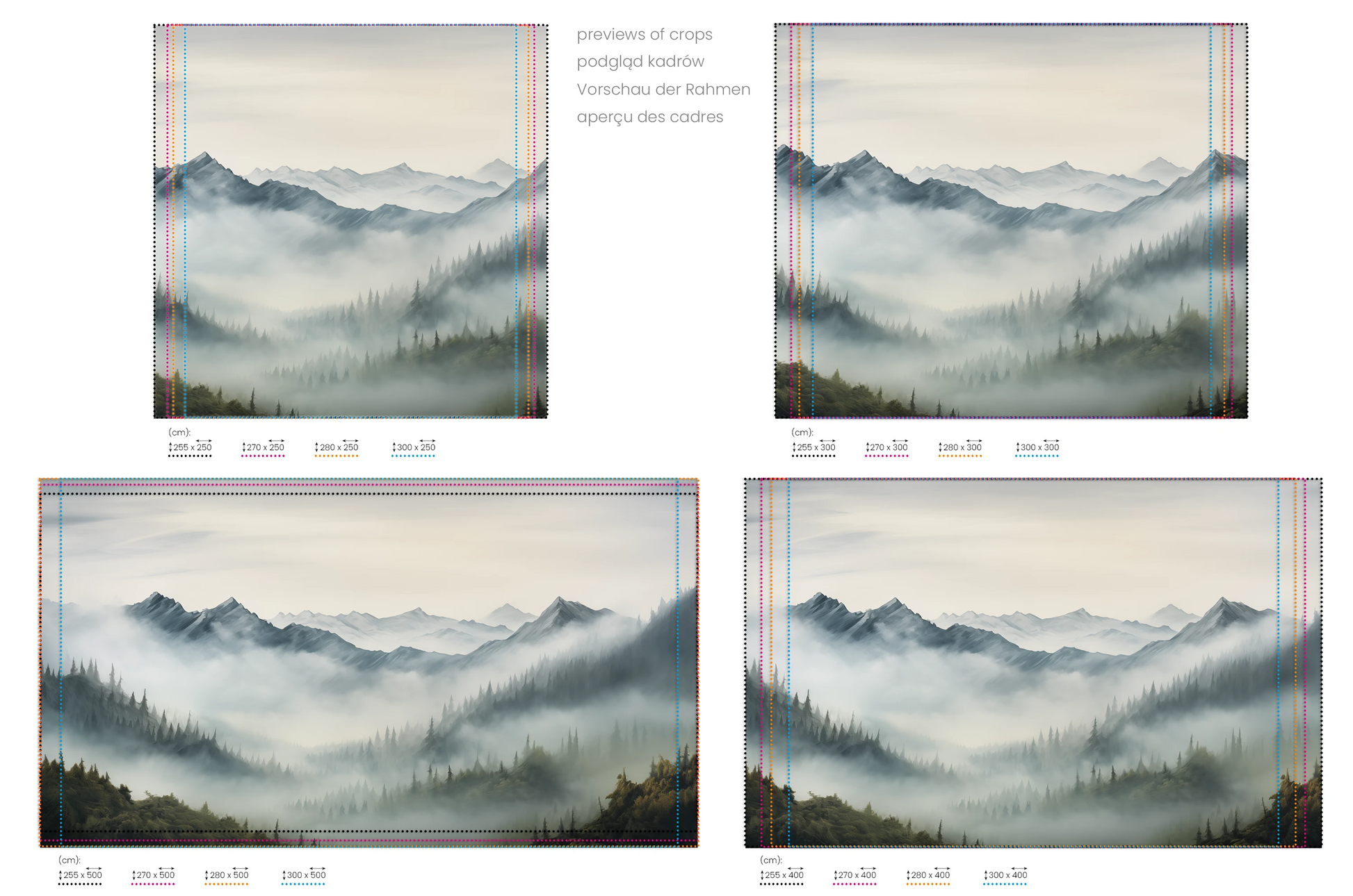 Na obrazie znajduje się prezentacja przykładowych rozmiarów fototapety o nazwie Tranquil Dawn. Rozmiar fototapety jest dowolny.