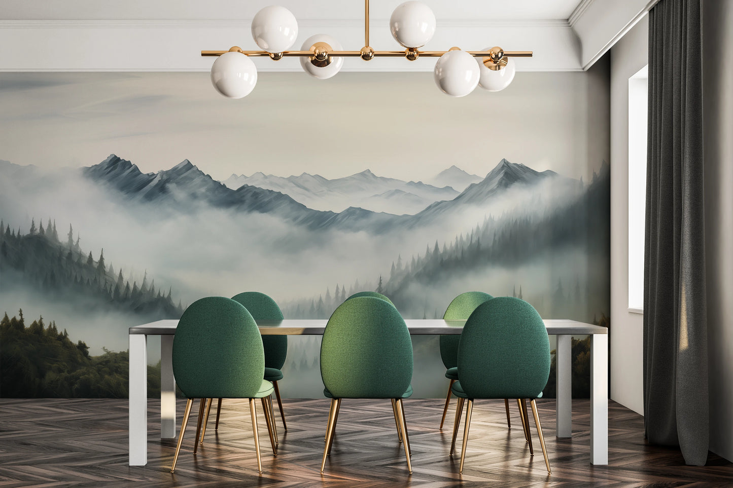 Wzór fototapety malowanej o nazwie Tranquil Dawn pokazanej w aranżacji wnętrza.