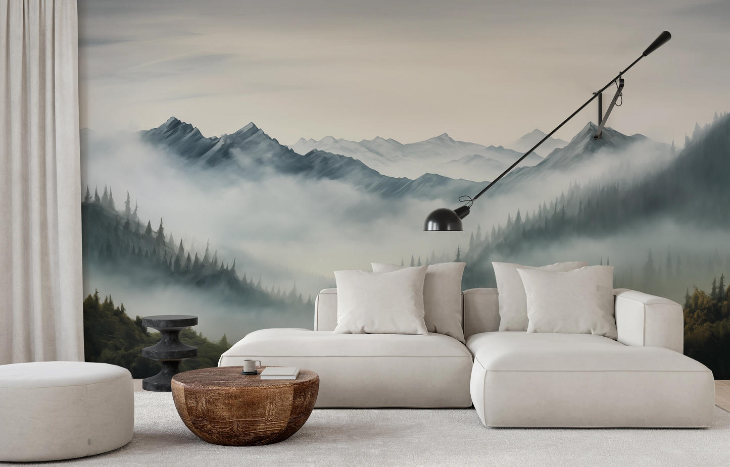 Wzór fototapety artystycznej o nazwie Tranquil Dawn pokazanej w aranżacji wnętrza.