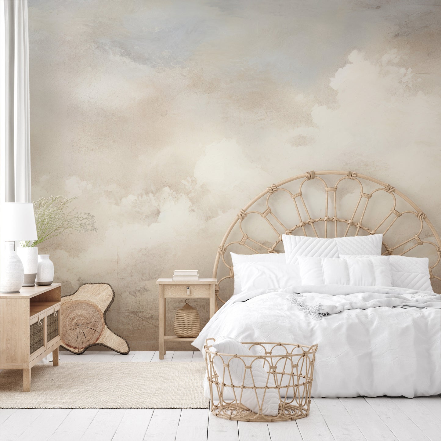 Wzór fototapety o nazwie GOLDEN MIST HAVEN pokazanej w kontekście pomieszczenia.