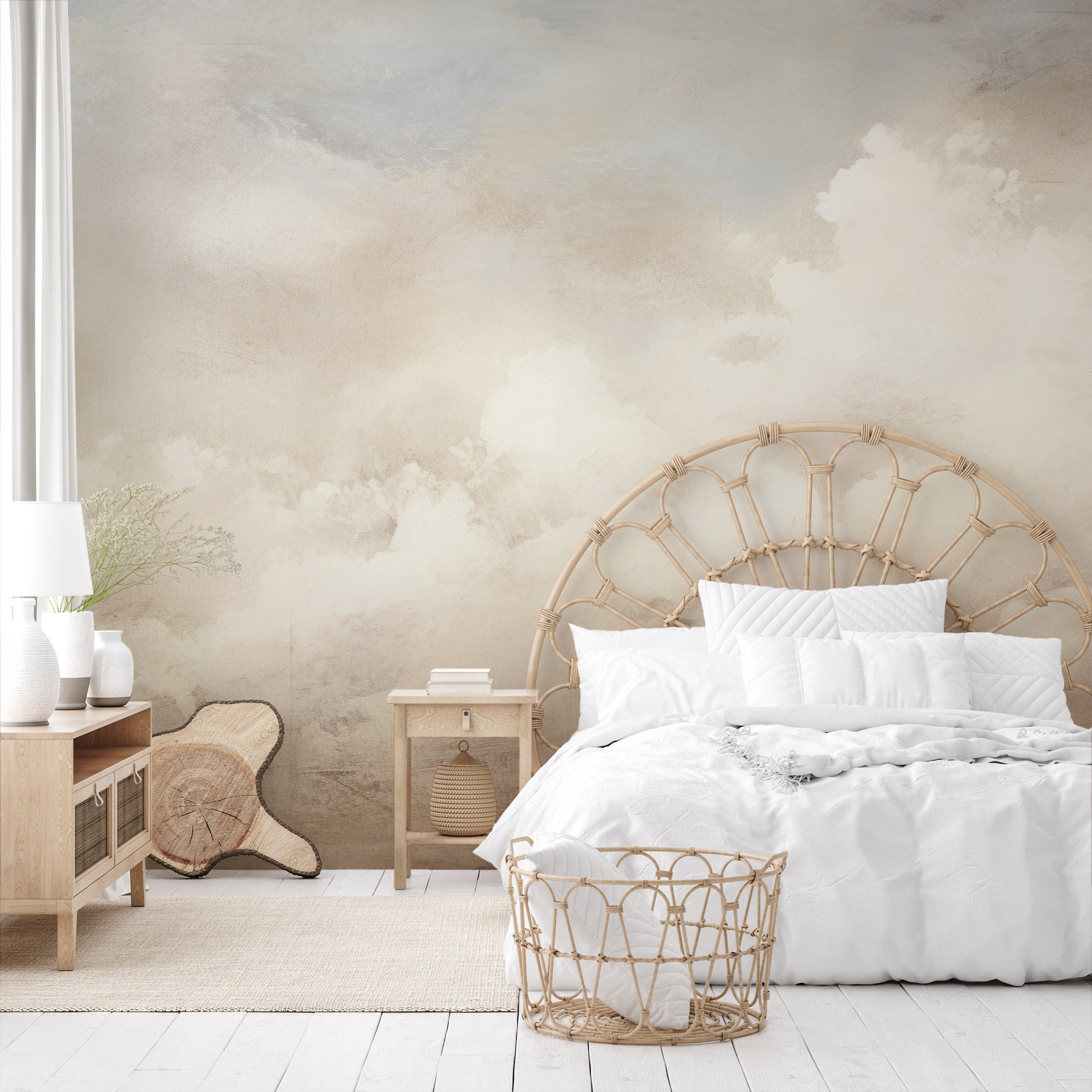 Wzór fototapety o nazwie GOLDEN MIST HAVEN pokazanej w kontekście pomieszczenia.