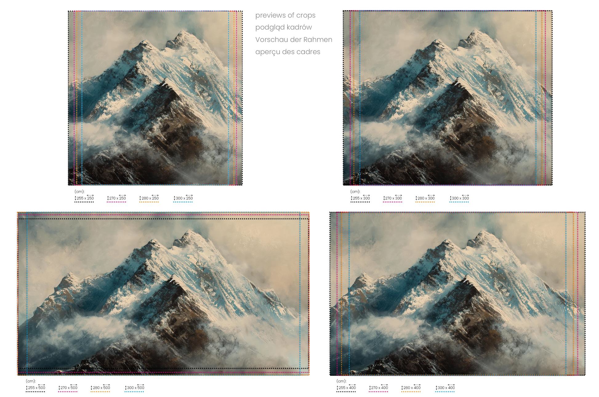 Na obrazie znajduje się prezentacja przykładowych rozmiarów fototapety o nazwie Icy Ascent. Rozmiar fototapety jest dowolny.