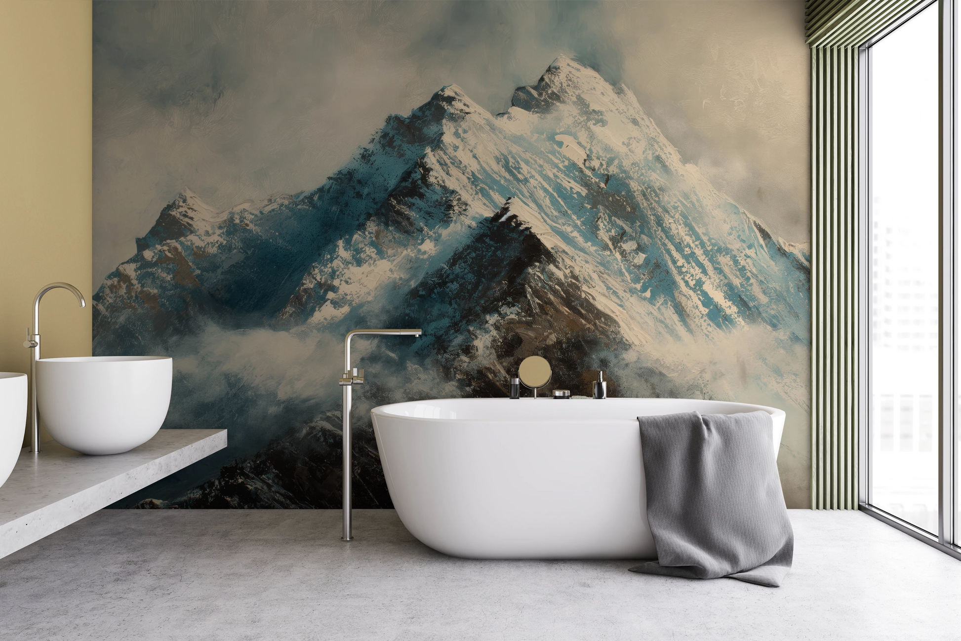 Wzór fototapety malowanej o nazwie Icy Ascent pokazanej w aranżacji wnętrza.