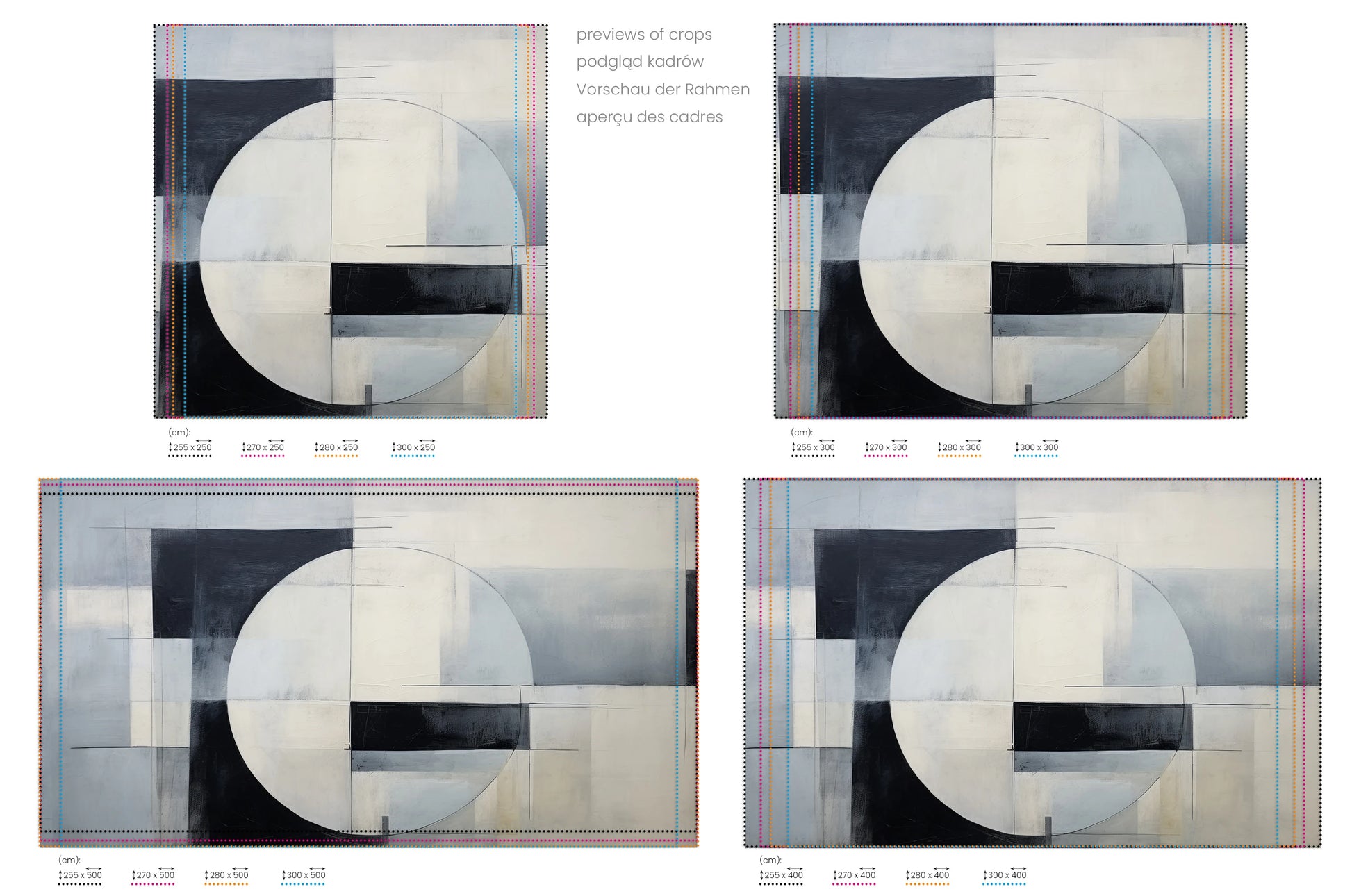 Na obrazie znajduje się prezentacja przykładowych rozmiarów fototapety o nazwie Monochromatic Circle. Rozmiar fototapety jest dowolny.