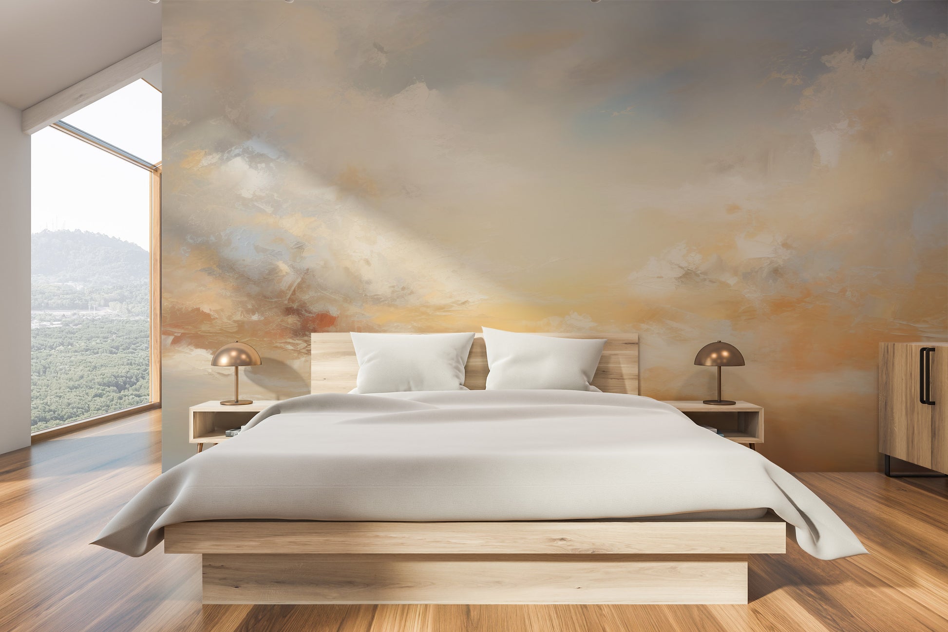 Wzór fototapety malowanej o nazwie SUNSET SERENITY CANVAS pokazanej w aranżacji wnętrza.