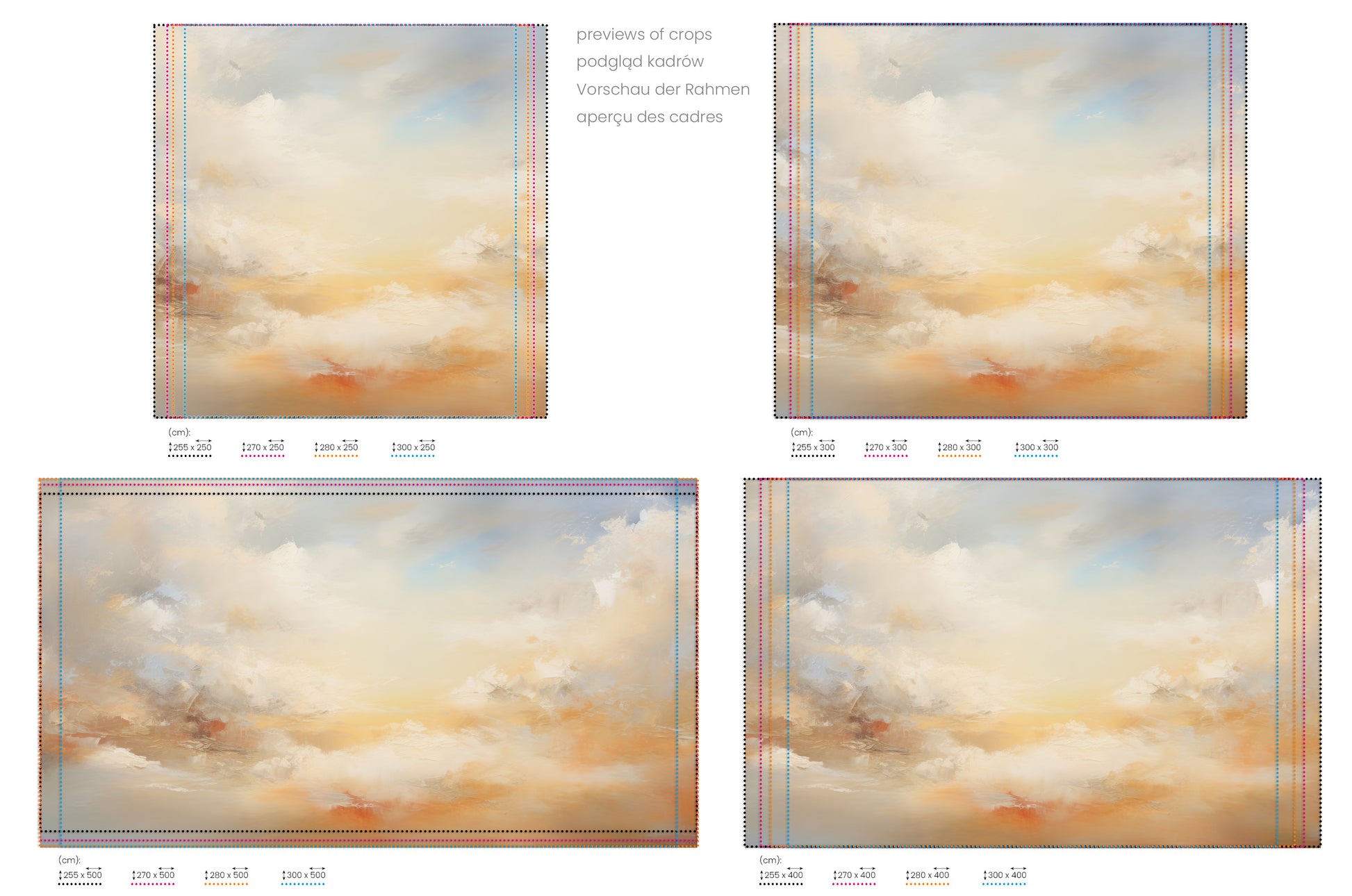 Na obrazie znajduje się prezentacja przykładowych rozmiarów fototapety o nazwie SUNSET SERENITY CANVAS. Rozmiar fototapety jest dowolny.