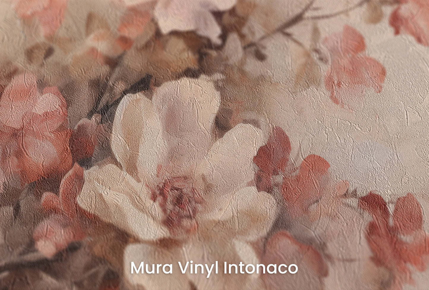 Zbliżenie na artystyczną fototapetę o nazwie Vintage Garden Charm na podłożu Mura Vinyl Intonaco - struktura tartego tynku.