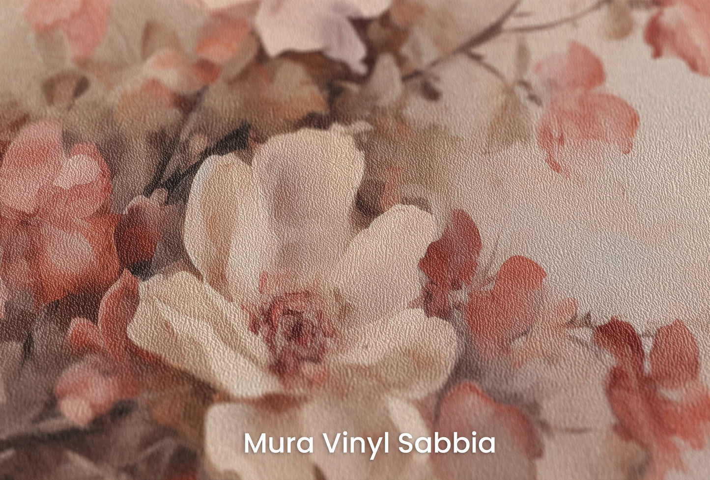 Zbliżenie na artystyczną fototapetę o nazwie Vintage Garden Charm na podłożu Mura Vinyl Sabbia struktura grubego ziarna piasku.