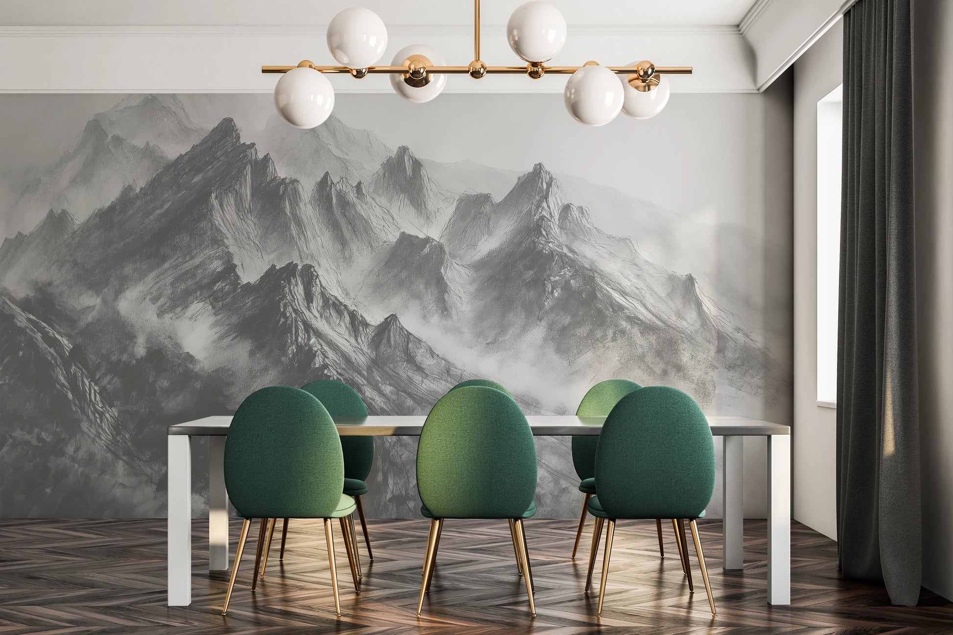Wzór fototapety artystycznej o nazwie Graphite Peaks pokazanej w aranżacji wnętrza.