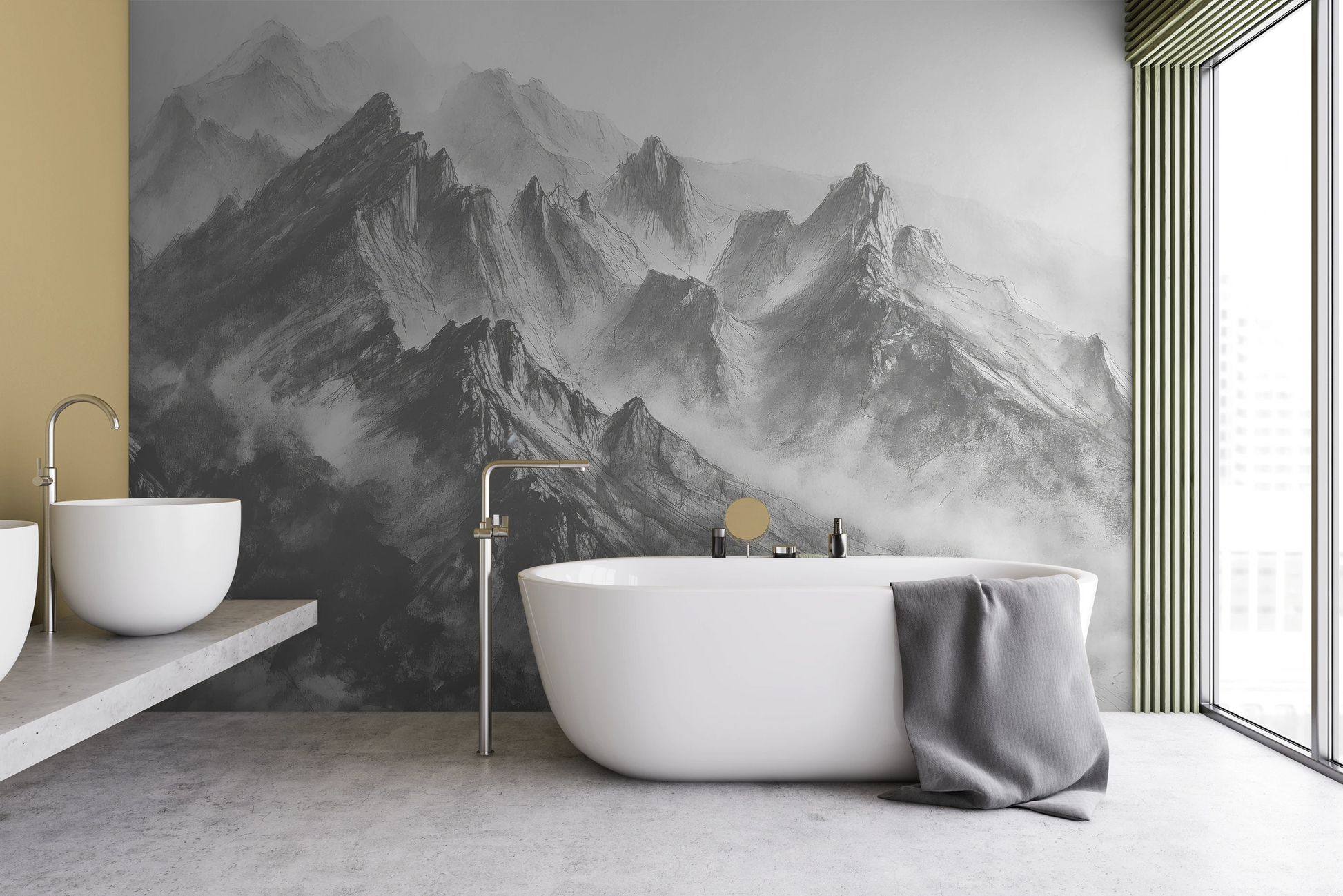 Wzór fototapety artystycznej o nazwie Graphite Peaks pokazanej w aranżacji wnętrza.
