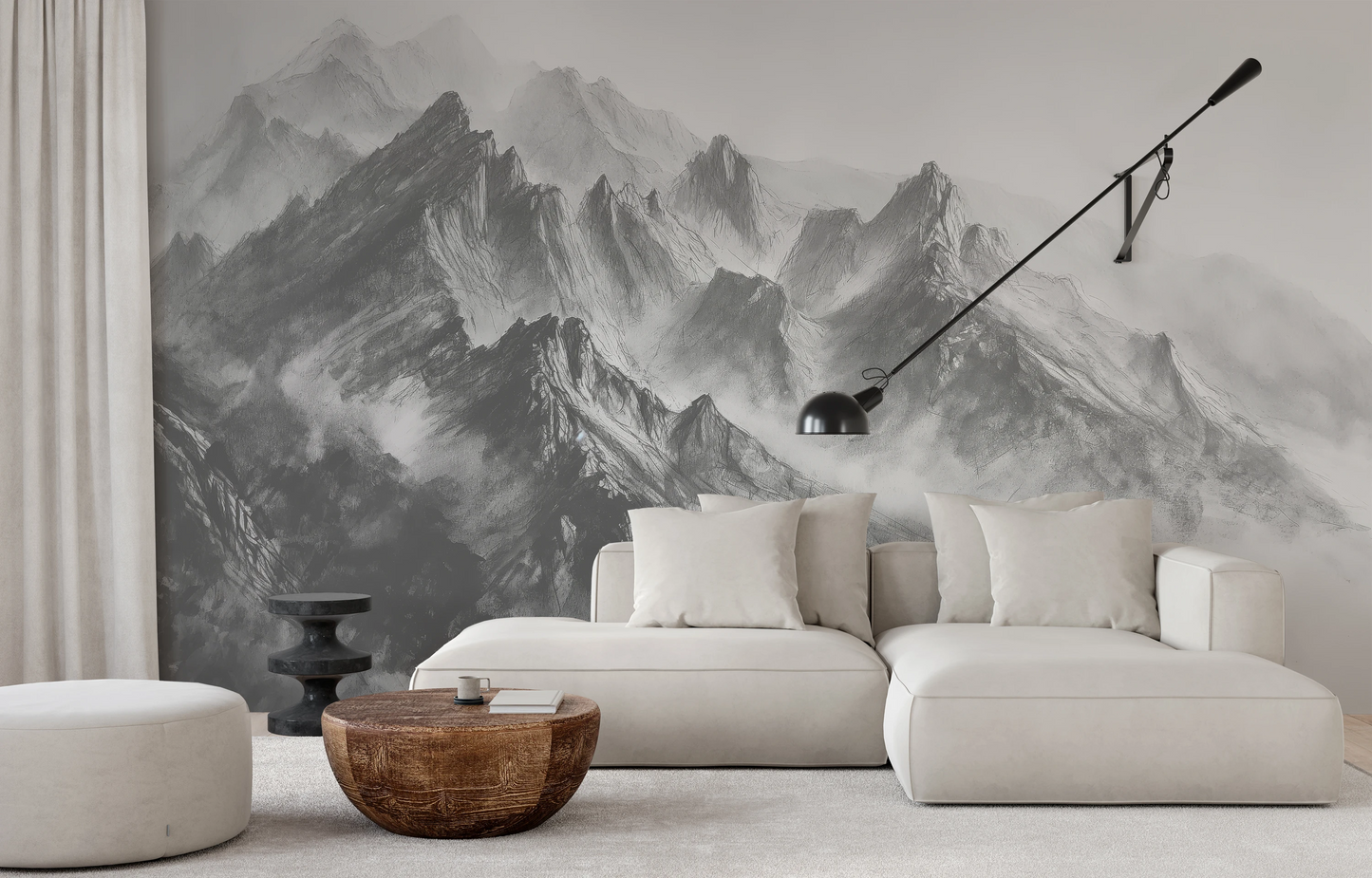 Zdjęcie prezentuje aranżację wnętrza z użyciem fototapety o nazwie Graphite Peaks pokazanej w aranżacji wnętrza.
