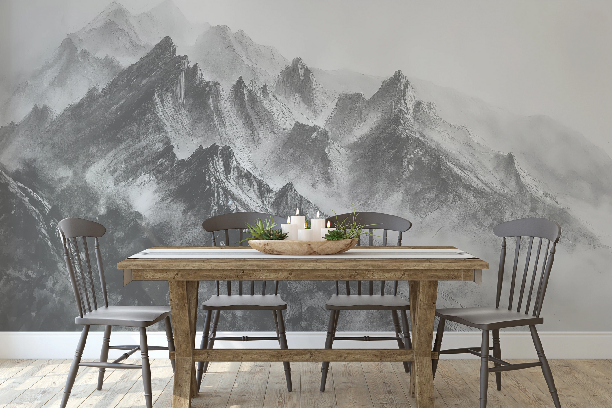 Fototapeta artystyczna o nazwie Graphite Peaks pokazana w aranżacji wnętrza.