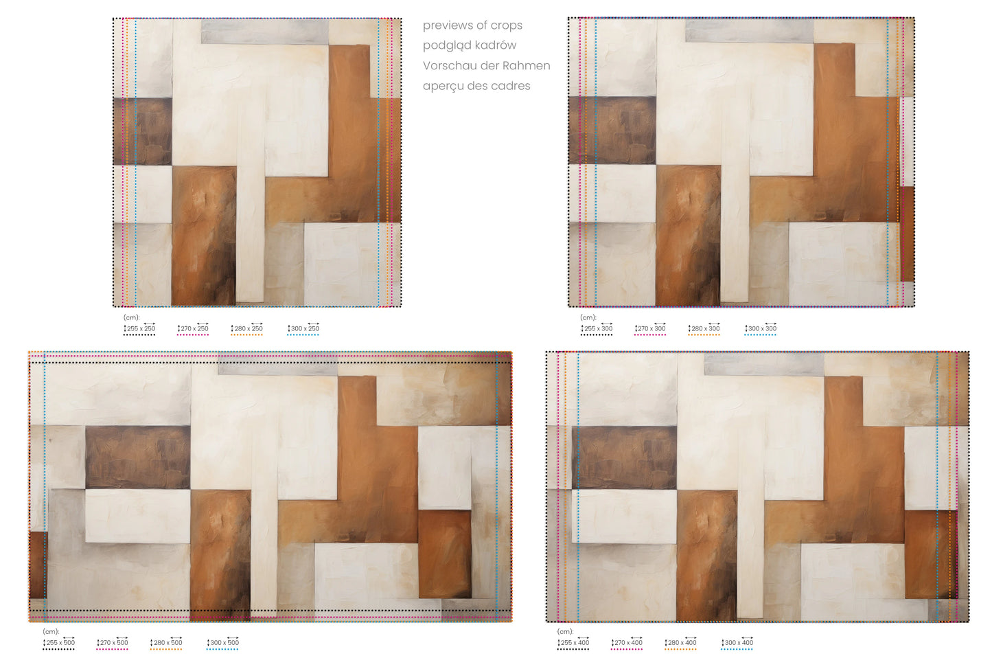 Na obrazie znajduje się prezentacja przykładowych rozmiarów fototapety o nazwie Warm Cubism. Rozmiar fototapety jest dowolny.