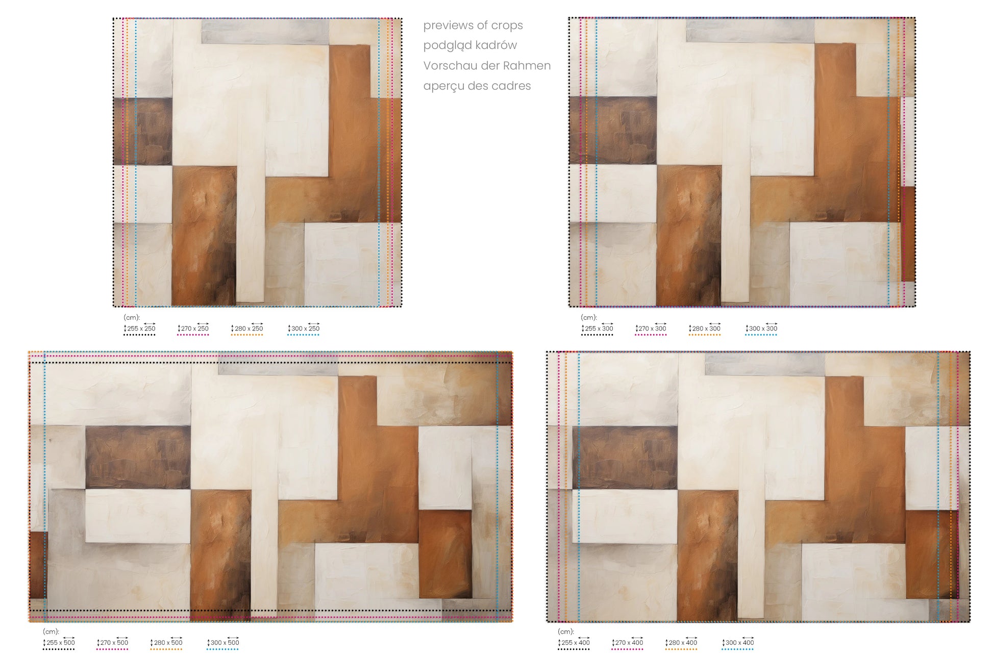 Na obrazie znajduje się prezentacja przykładowych rozmiarów fototapety o nazwie Warm Cubism. Rozmiar fototapety jest dowolny.
