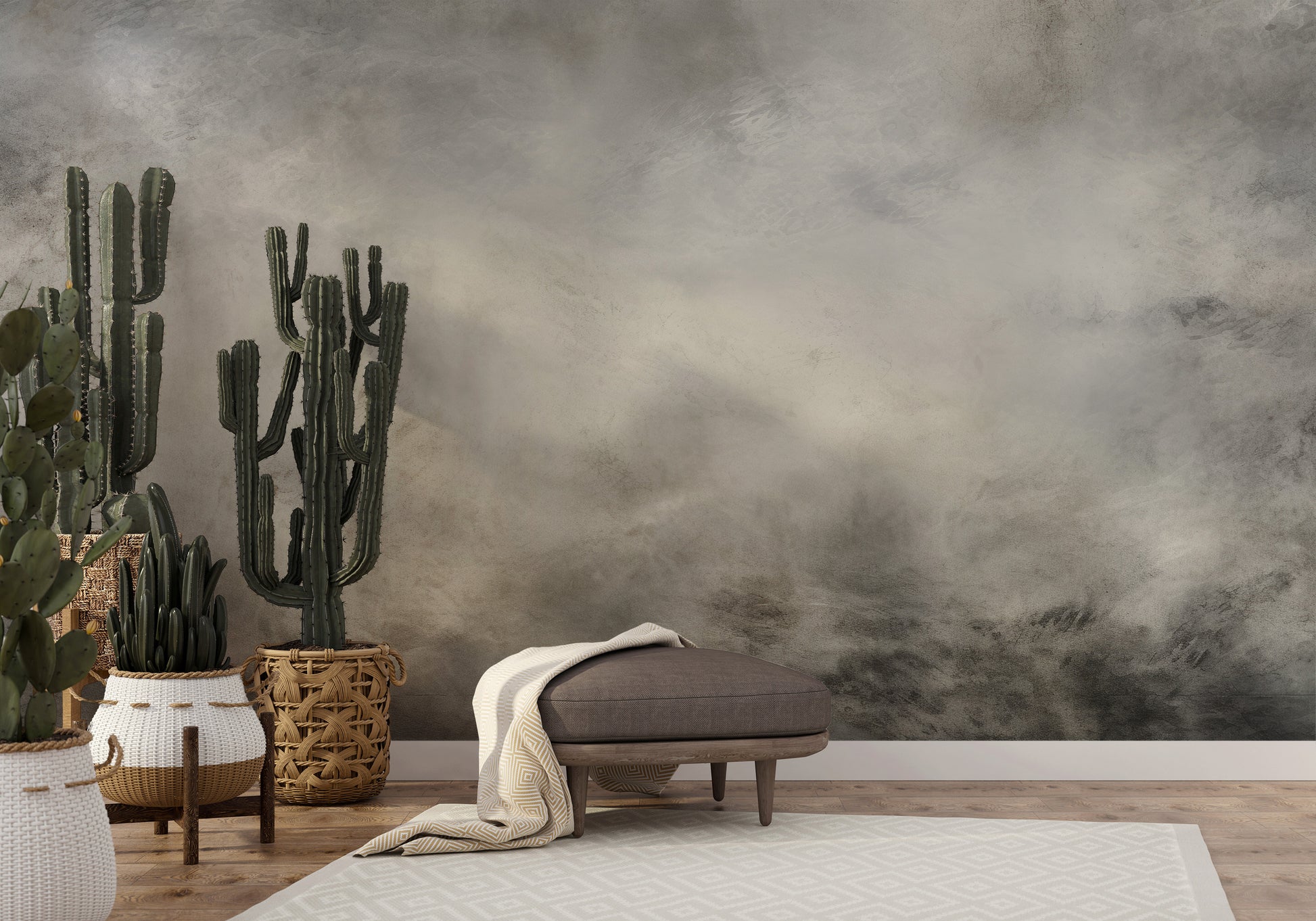 Wzór fototapety artystycznej o nazwie MYSTICAL FOG MURAL pokazanej w aranżacji wnętrza.