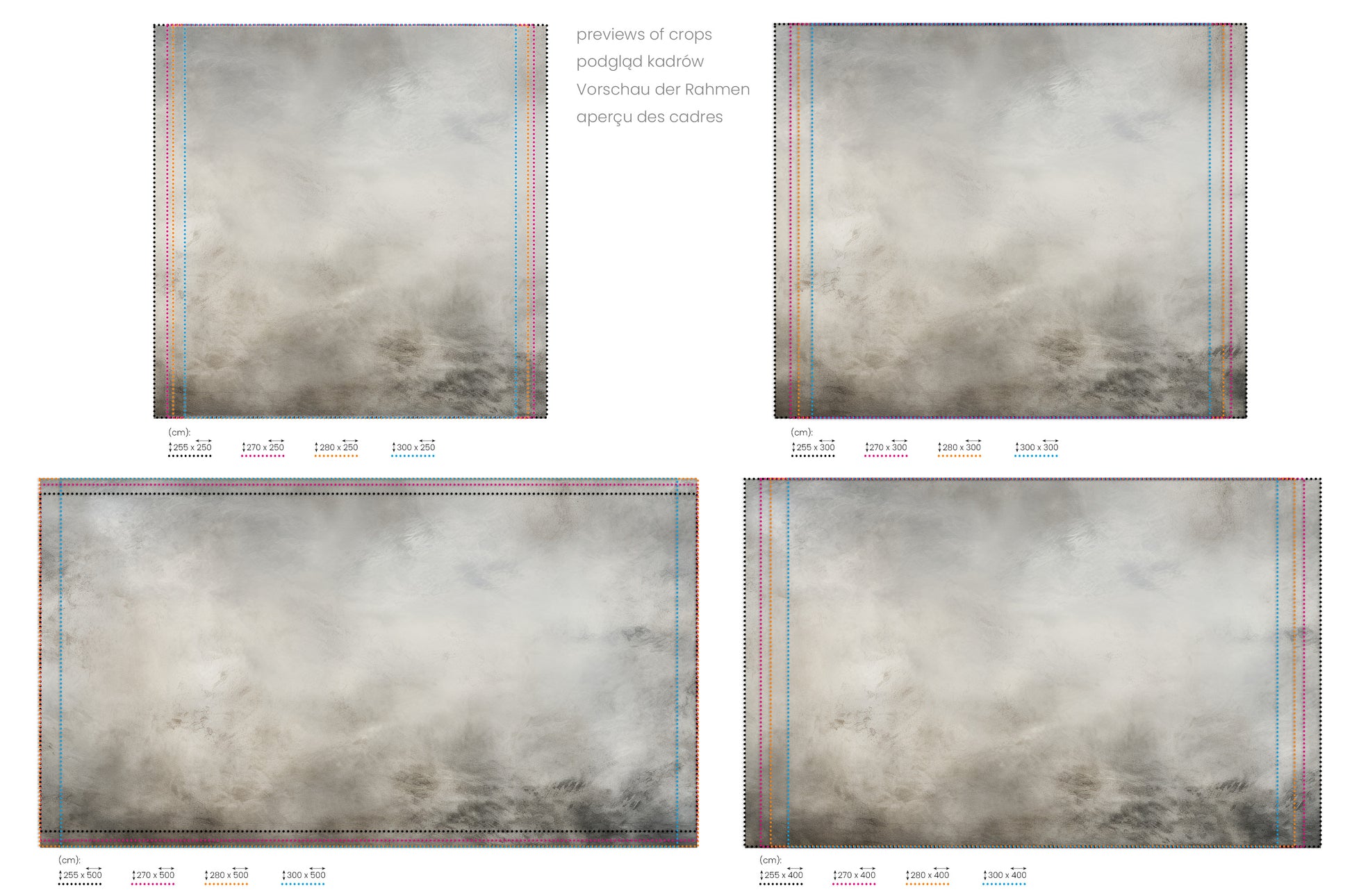 Na obrazie znajduje się prezentacja przykładowych rozmiarów fototapety o nazwie MYSTICAL FOG MURAL. Rozmiar fototapety jest dowolny.