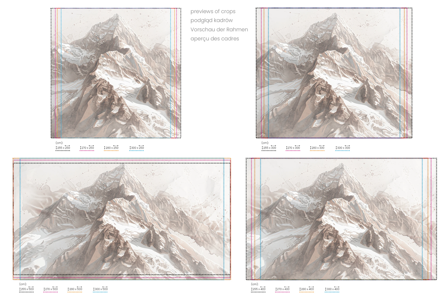 Na obrazie znajduje się prezentacja przykładowych rozmiarów fototapety o nazwie Sepia Alpine Grandeur. Rozmiar fototapety jest dowolny.