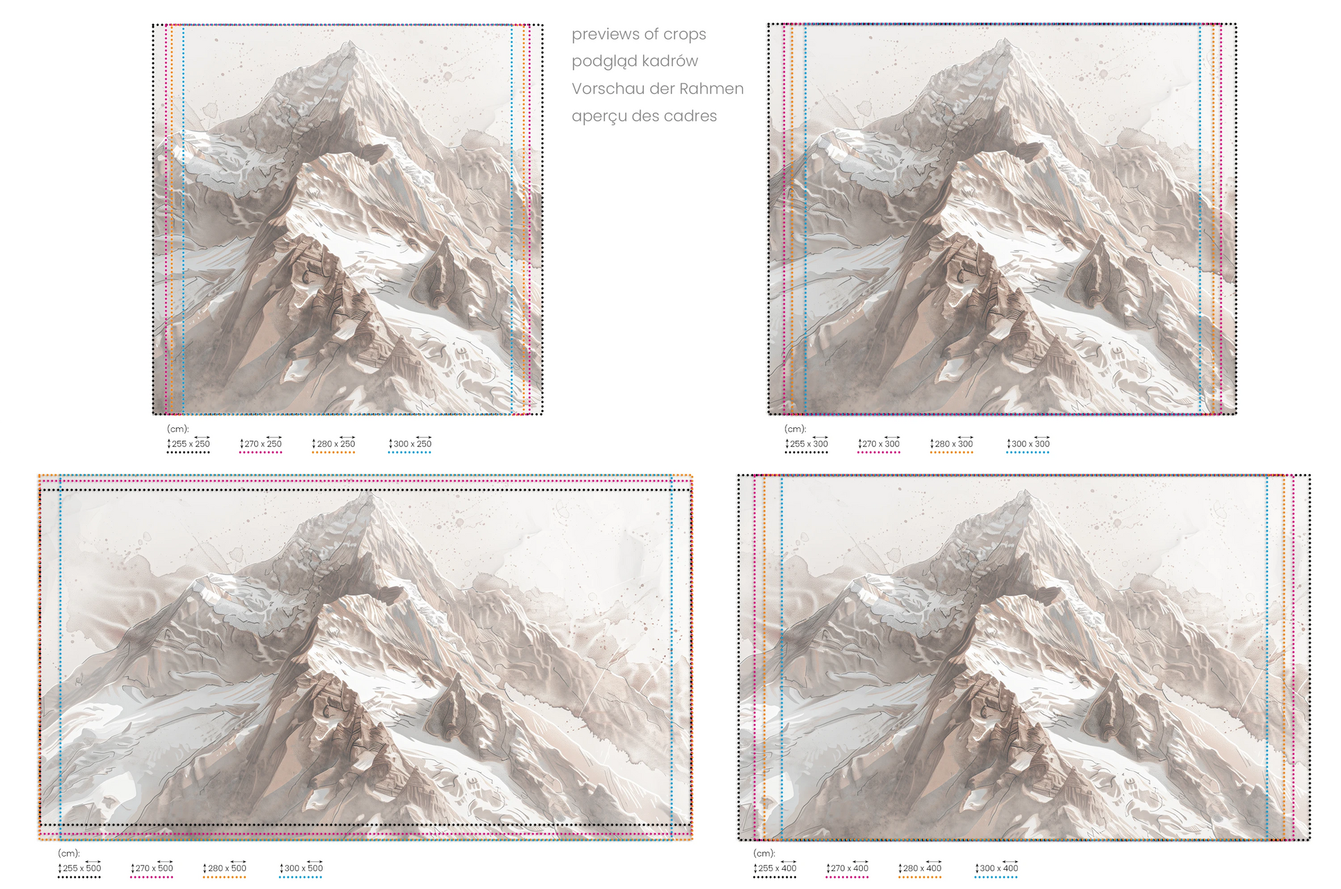 Na obrazie znajduje się prezentacja przykładowych rozmiarów fototapety o nazwie Sepia Alpine Grandeur. Rozmiar fototapety jest dowolny.