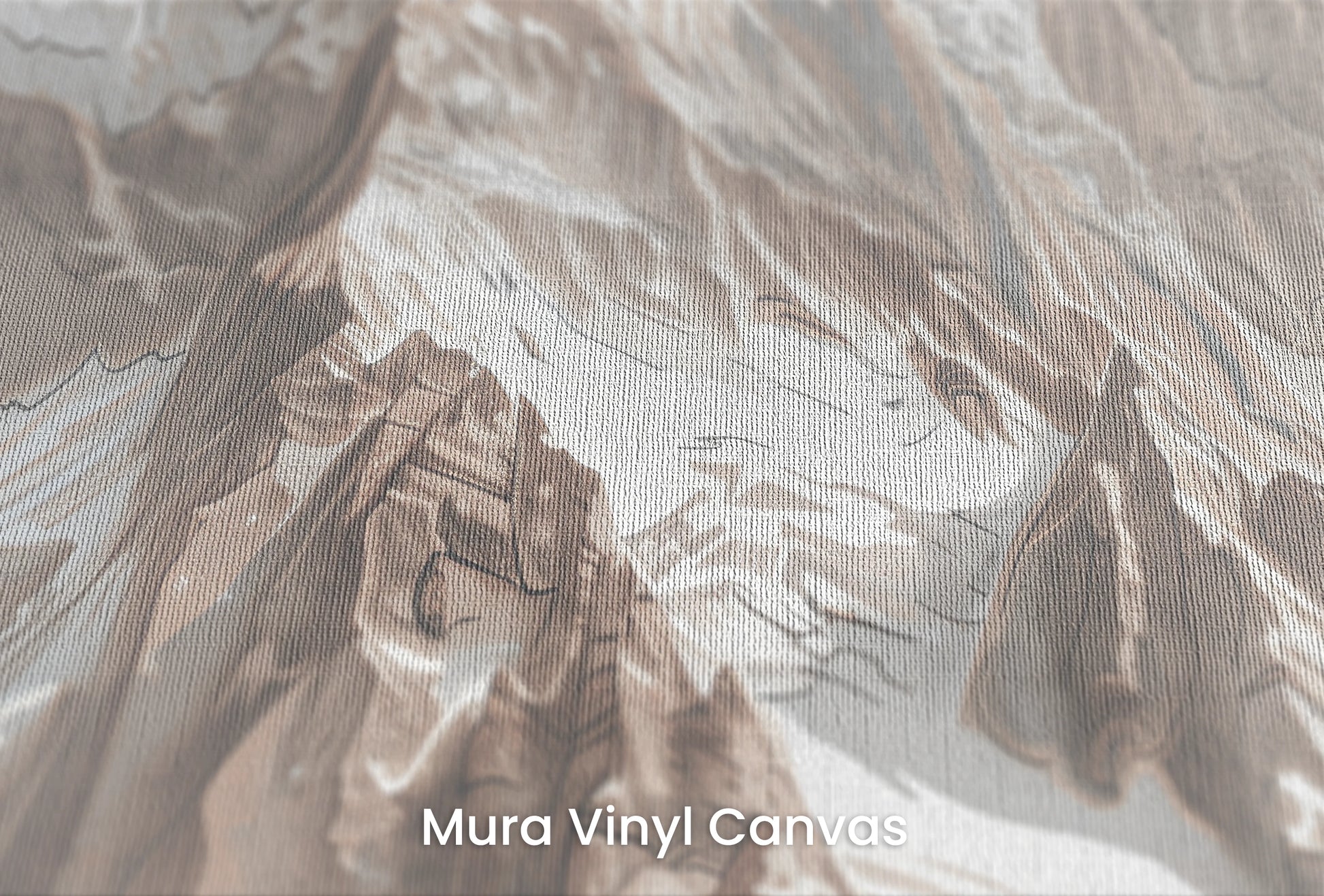 Zbliżenie na artystyczną fototapetę o nazwie Sepia Alpine Grandeur na podłożu Mura Vinyl Canvas - faktura naturalnego płótna.