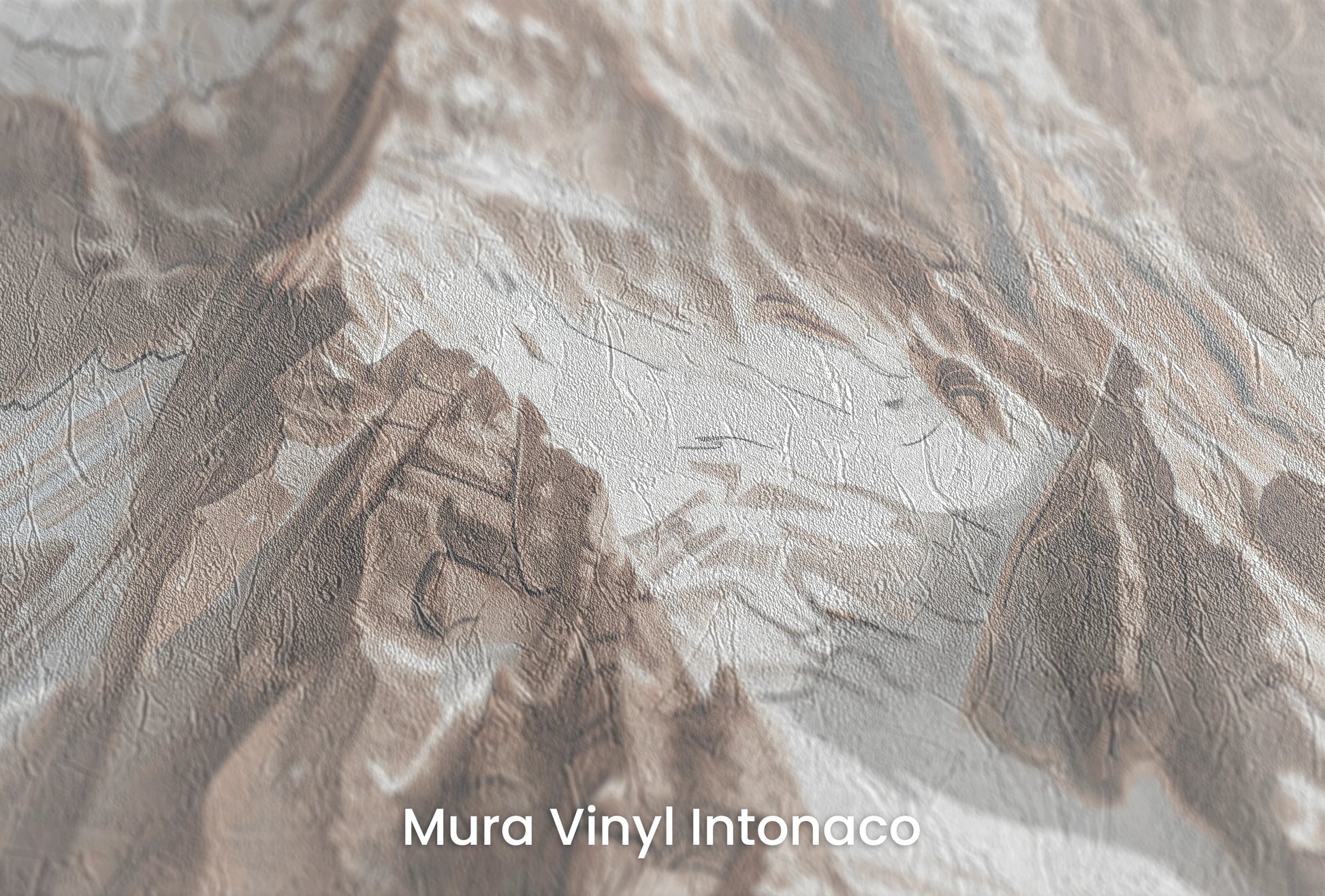 Zbliżenie na artystyczną fototapetę o nazwie Sepia Alpine Grandeur na podłożu Mura Vinyl Intonaco - struktura tartego tynku.