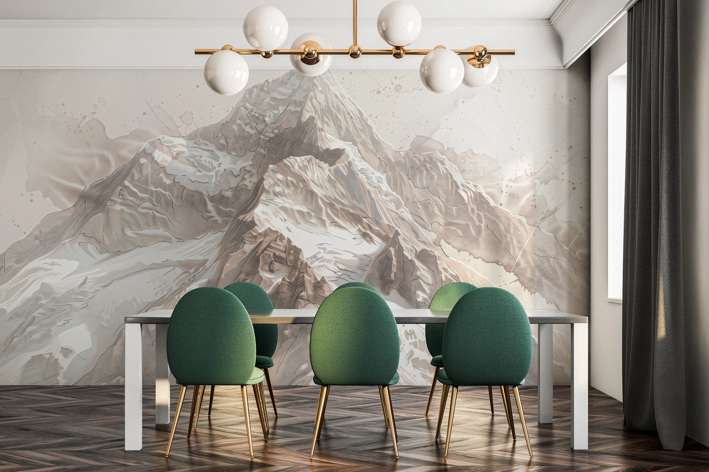 Zdjęcie prezentuje aranżację wnętrza z użyciem fototapety o nazwie Sepia Alpine Grandeur pokazanej w aranżacji wnętrza.