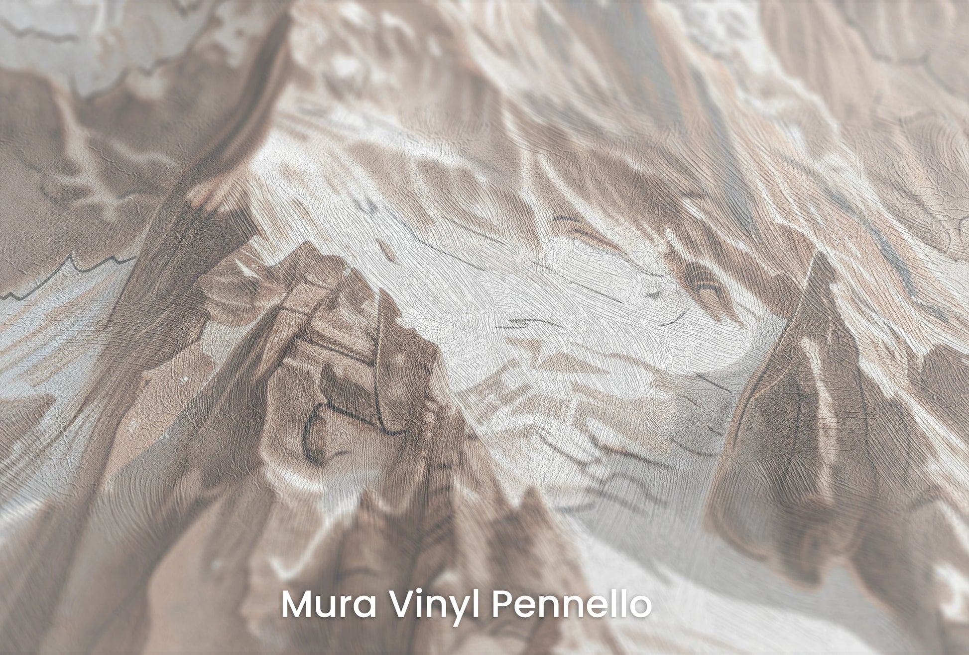 Zbliżenie na artystyczną fototapetę o nazwie Sepia Alpine Grandeur na podłożu Mura Vinyl Pennello - faktura pociągnięć pędzla malarskiego.