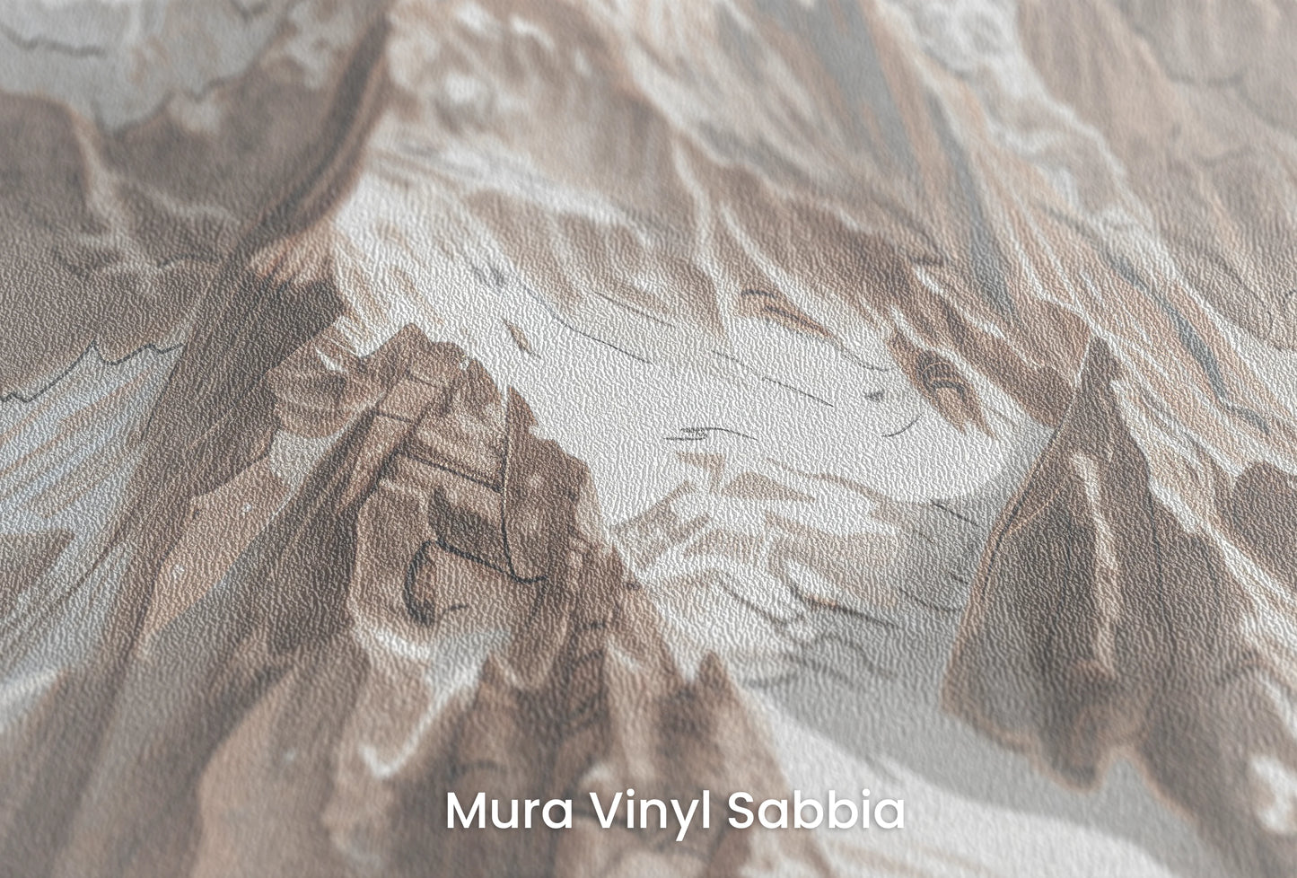 Zbliżenie na artystyczną fototapetę o nazwie Sepia Alpine Grandeur na podłożu Mura Vinyl Sabbia struktura grubego ziarna piasku.