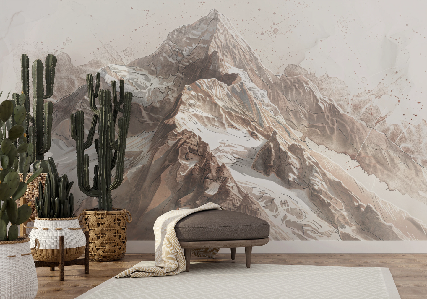 Wzór fototapety artystycznej o nazwie Sepia Alpine Grandeur pokazanej w aranżacji wnętrza.