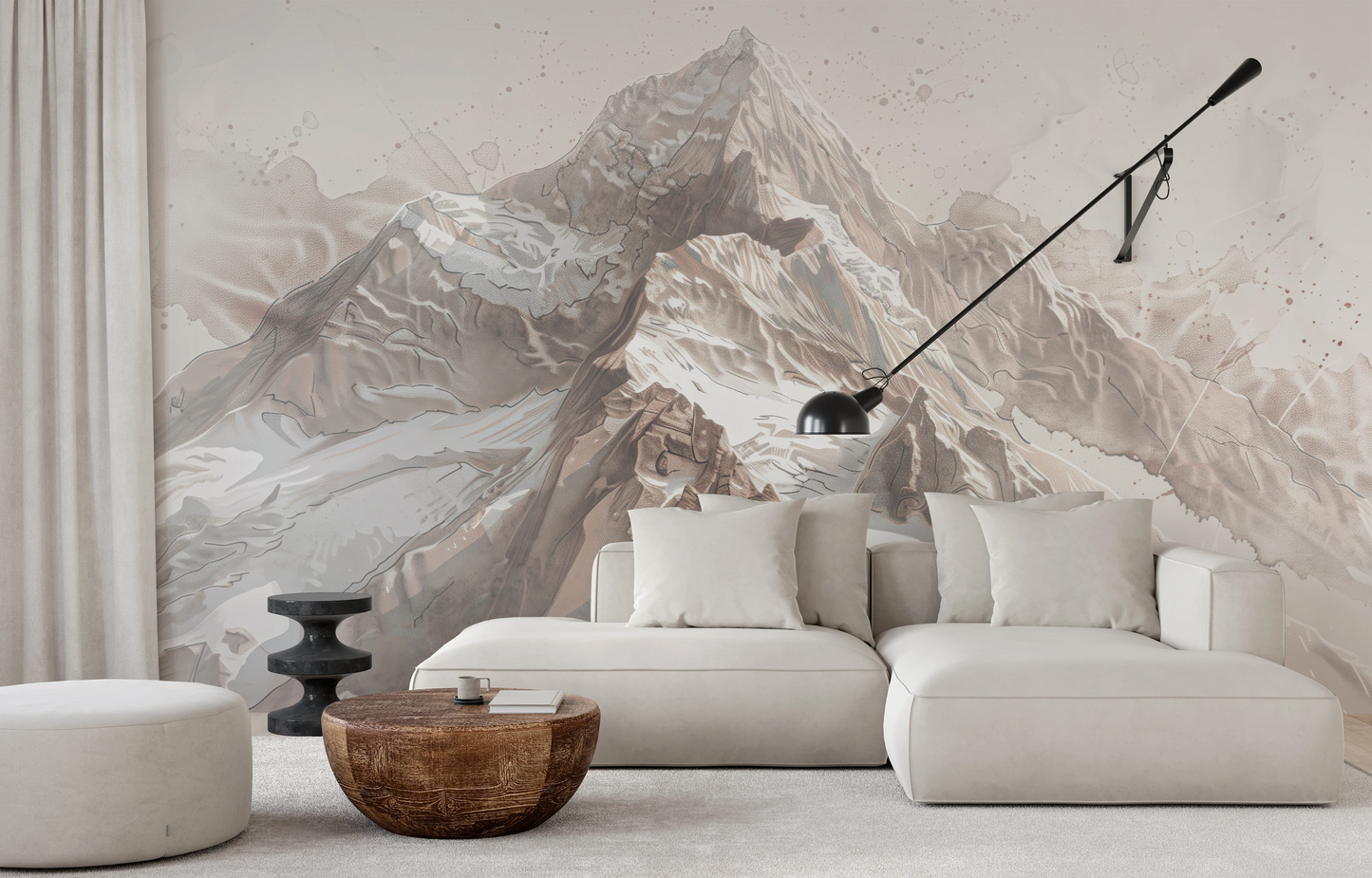 Wzór fototapety o nazwie Sepia Alpine Grandeur pokazanej w kontekście pomieszczenia.