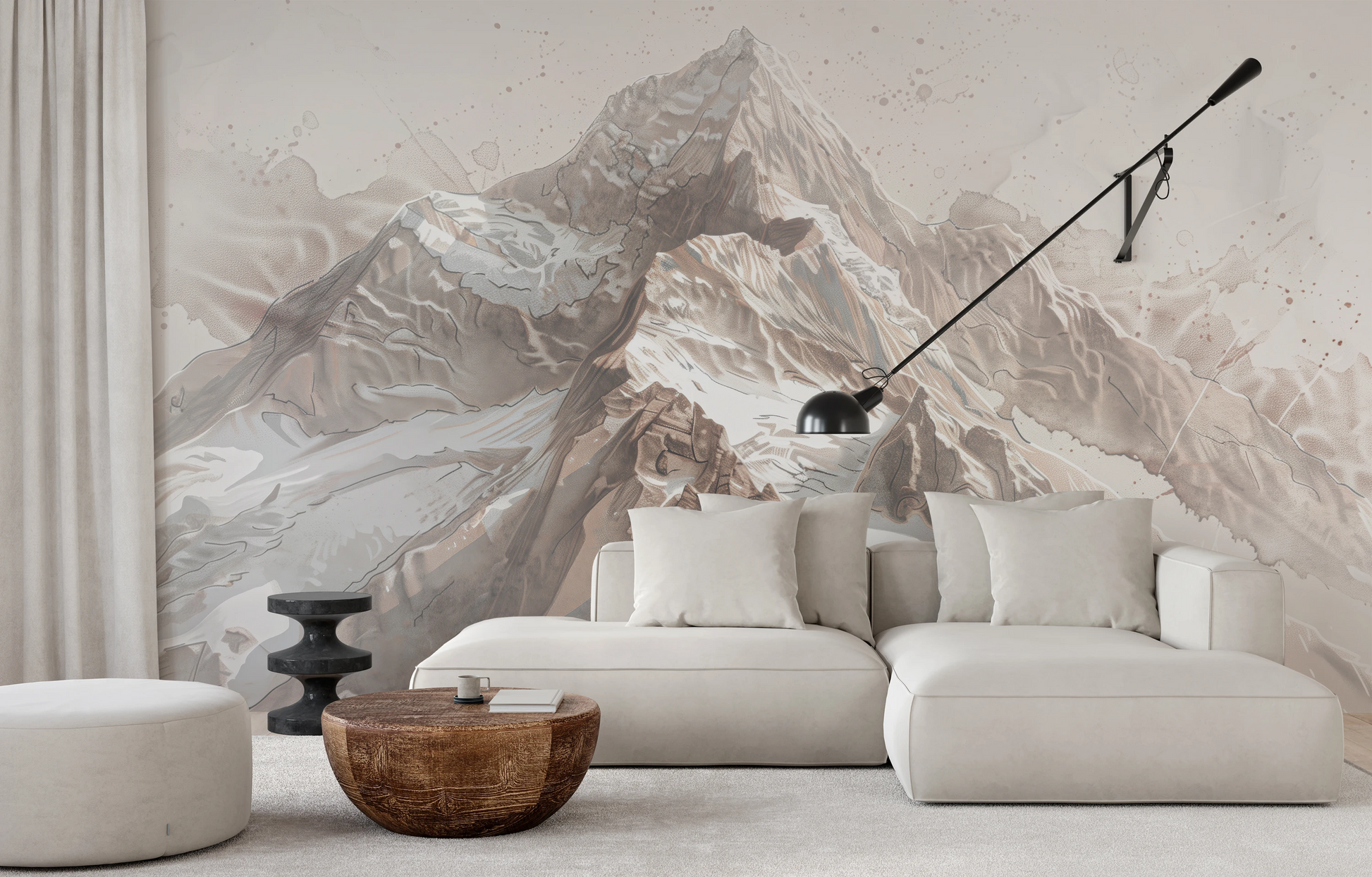 Wzór fototapety o nazwie Sepia Alpine Grandeur pokazanej w kontekście pomieszczenia.