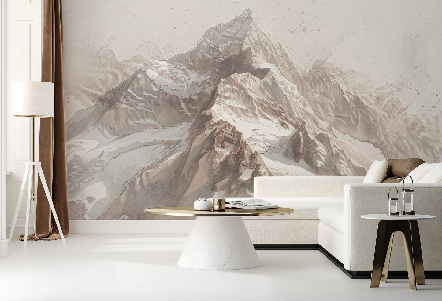 Fototapeta artystyczna o nazwie Sepia Alpine Grandeur pokazana w aranżacji wnętrza.