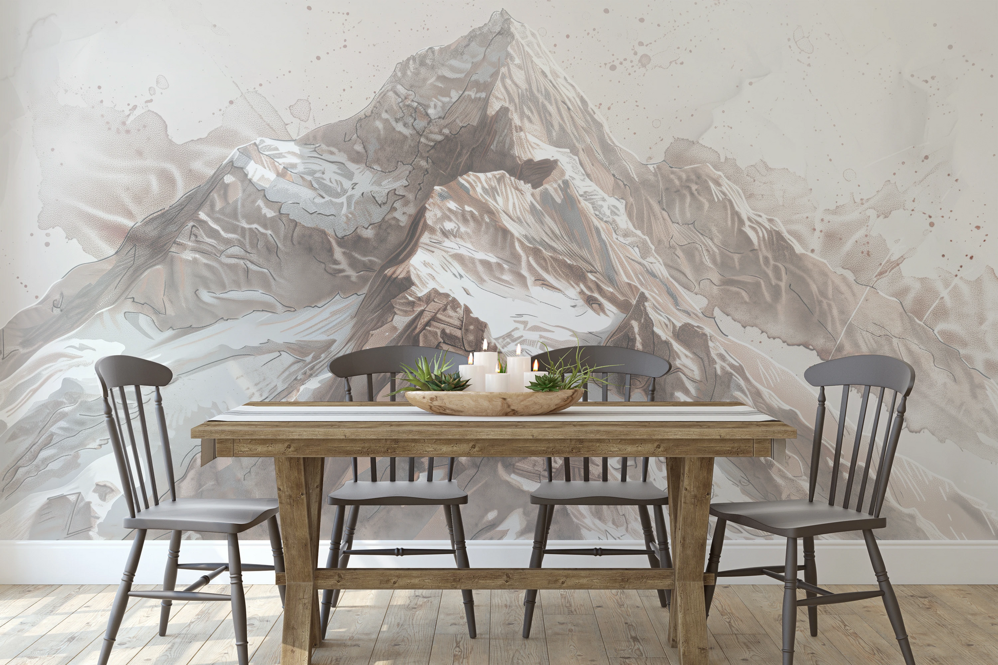 Wzór fototapety artystycznej o nazwie Sepia Alpine Grandeur pokazanej w aranżacji wnętrza.