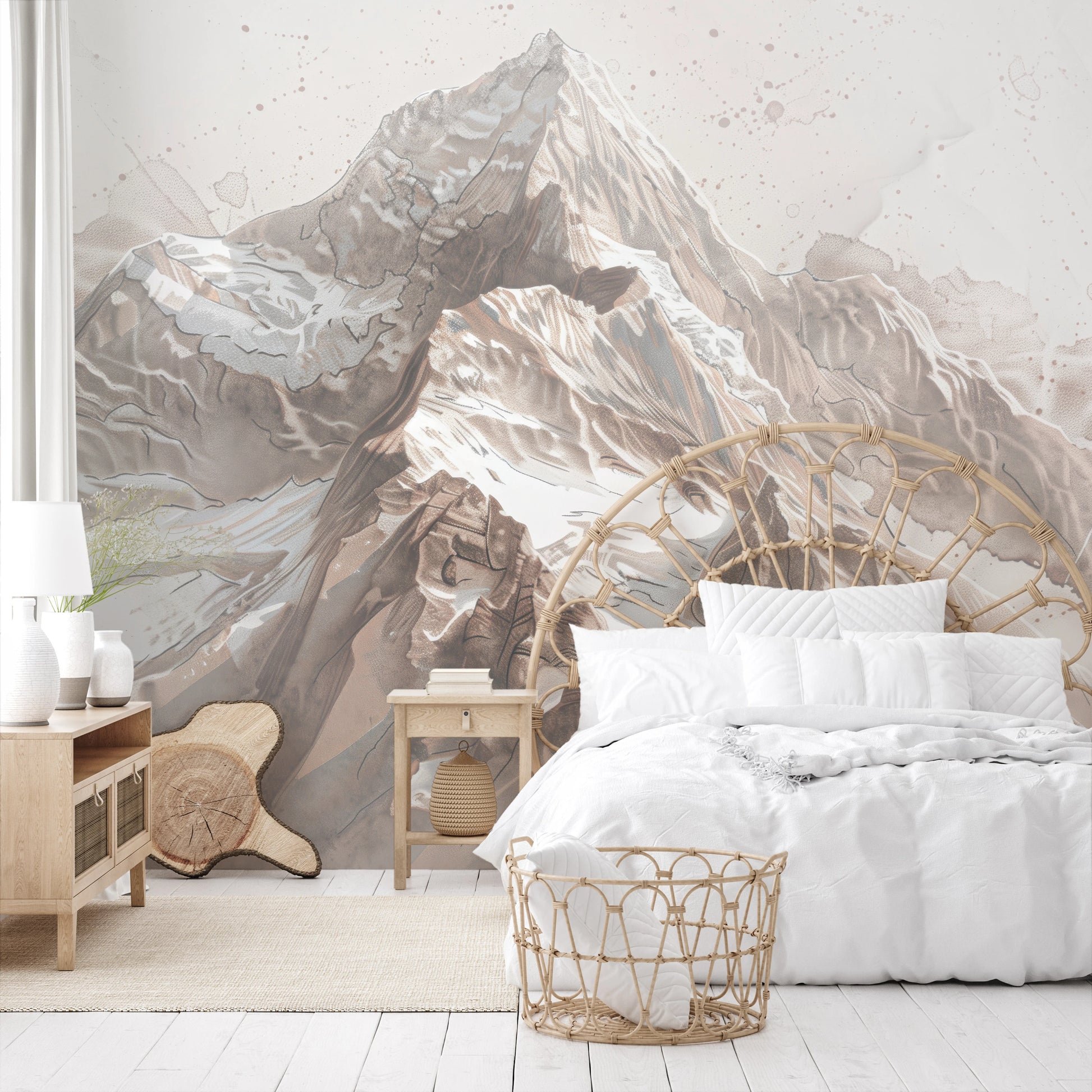 Wzór fototapety malowanej o nazwie Sepia Alpine Grandeur pokazanej w aranżacji wnętrza.