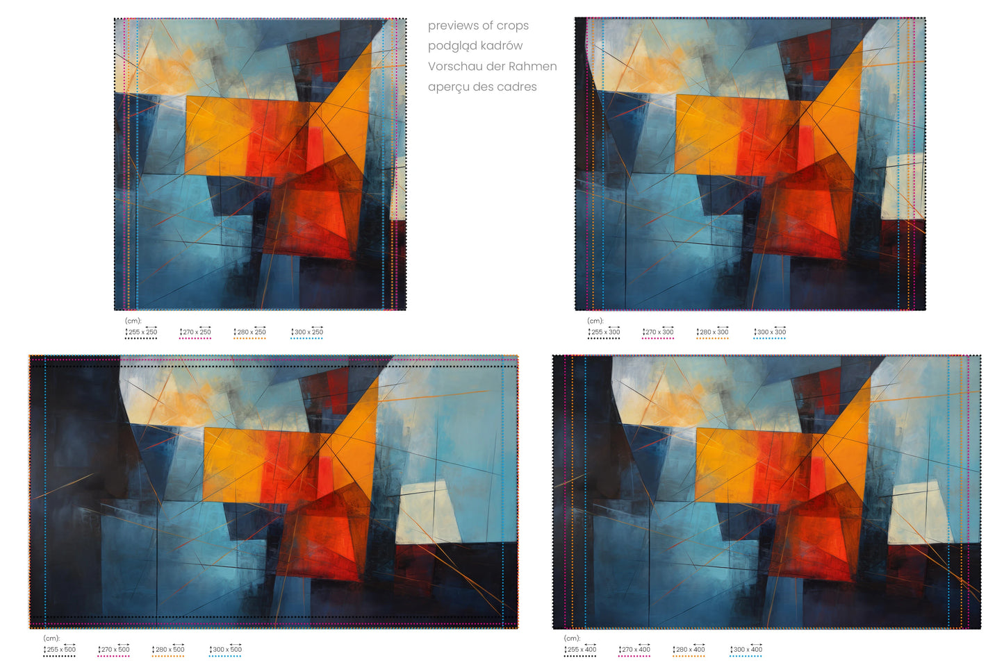 Na obrazie znajduje się prezentacja przykładowych rozmiarów fototapety o nazwie Abstract Dynamics #2. Rozmiar fototapety jest dowolny.