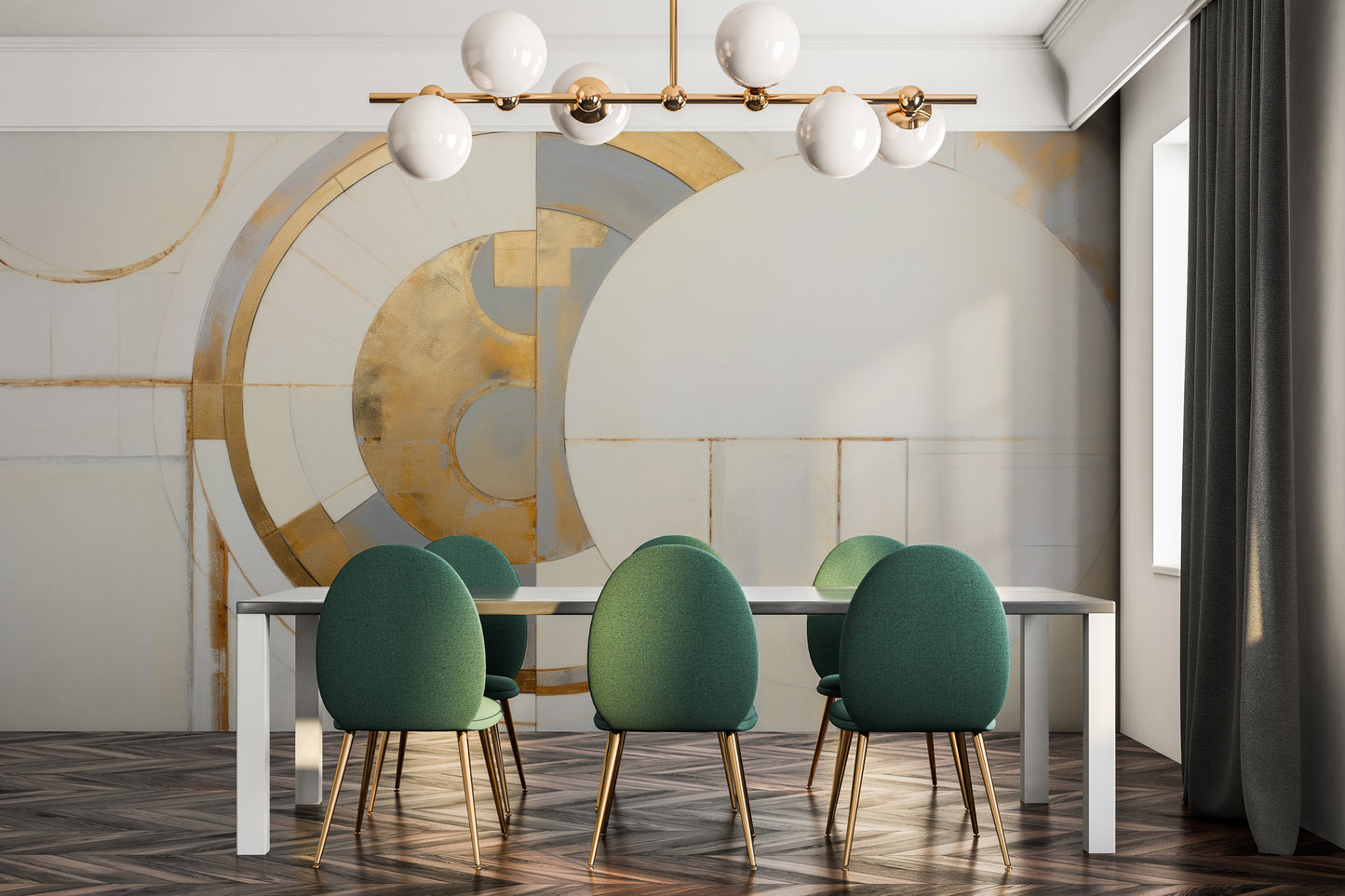 Zdjęcie prezentuje aranżację wnętrza z użyciem fototapety o nazwie CIRCULAR DIVINITY IN GOLD pokazanej w aranżacji wnętrza.