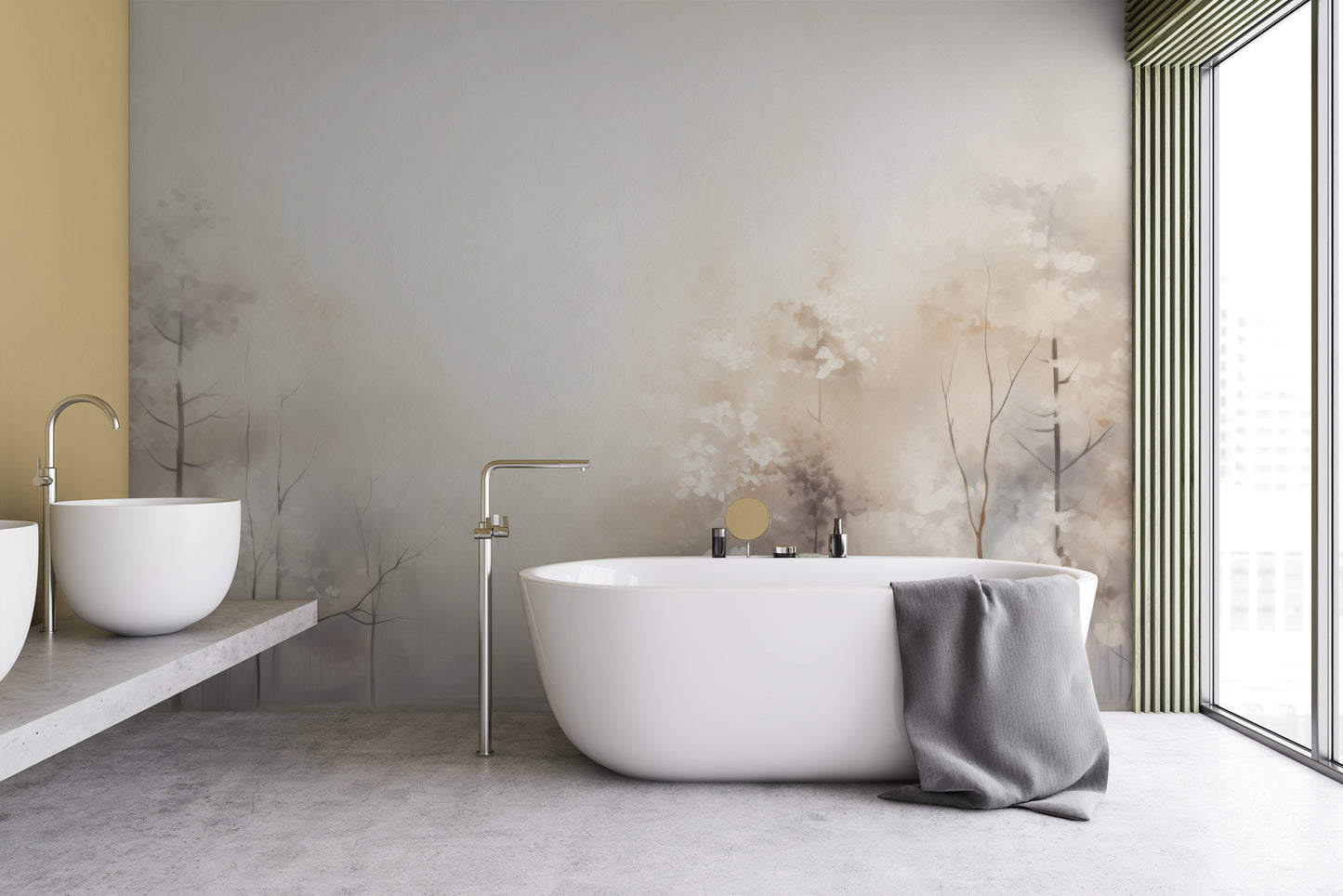 Wzór fototapety o nazwie DAWN'S GENTLE EMBRACE MURAL pokazanej w kontekście pomieszczenia.