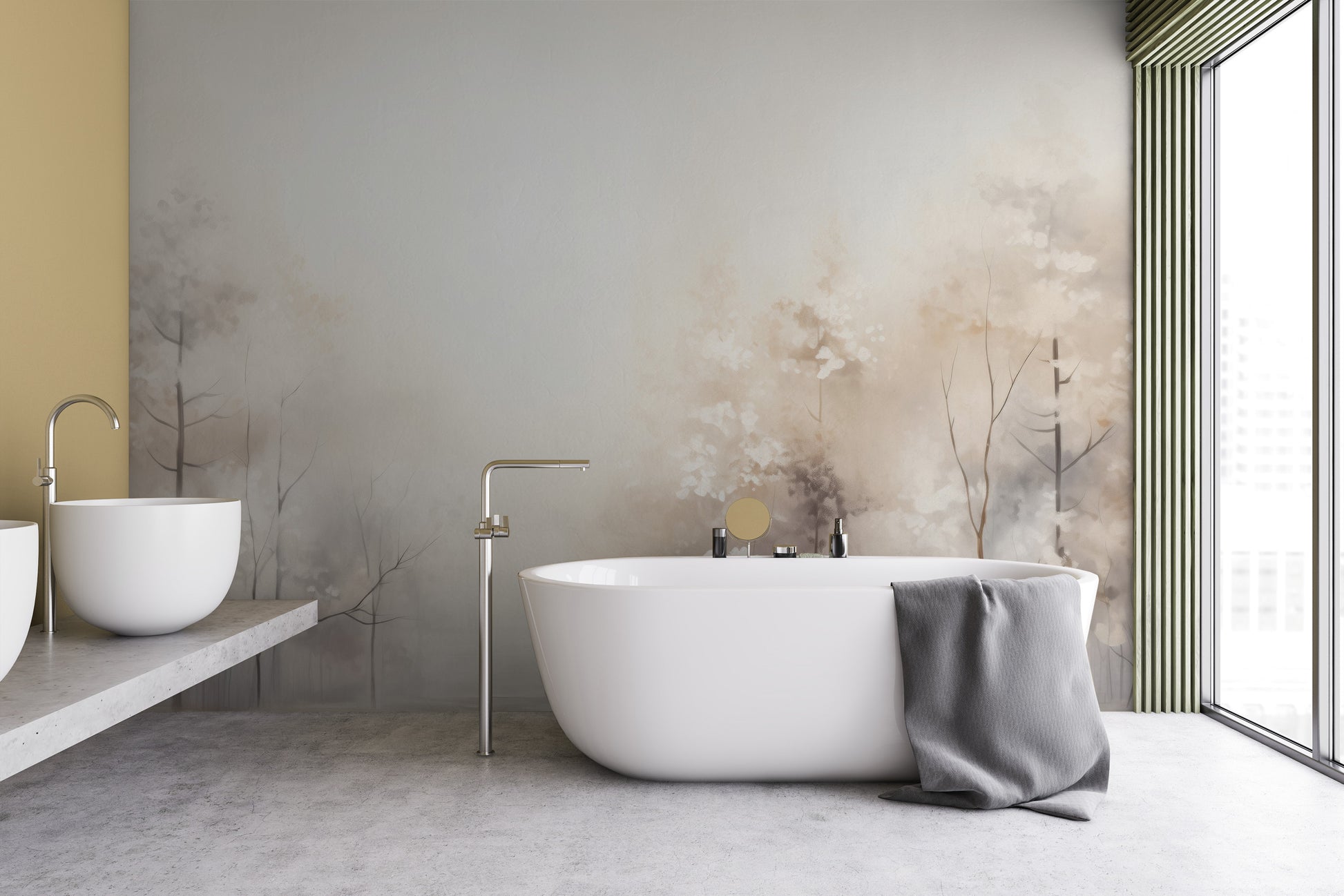 Wzór fototapety o nazwie DAWN'S GENTLE EMBRACE MURAL pokazanej w kontekście pomieszczenia.