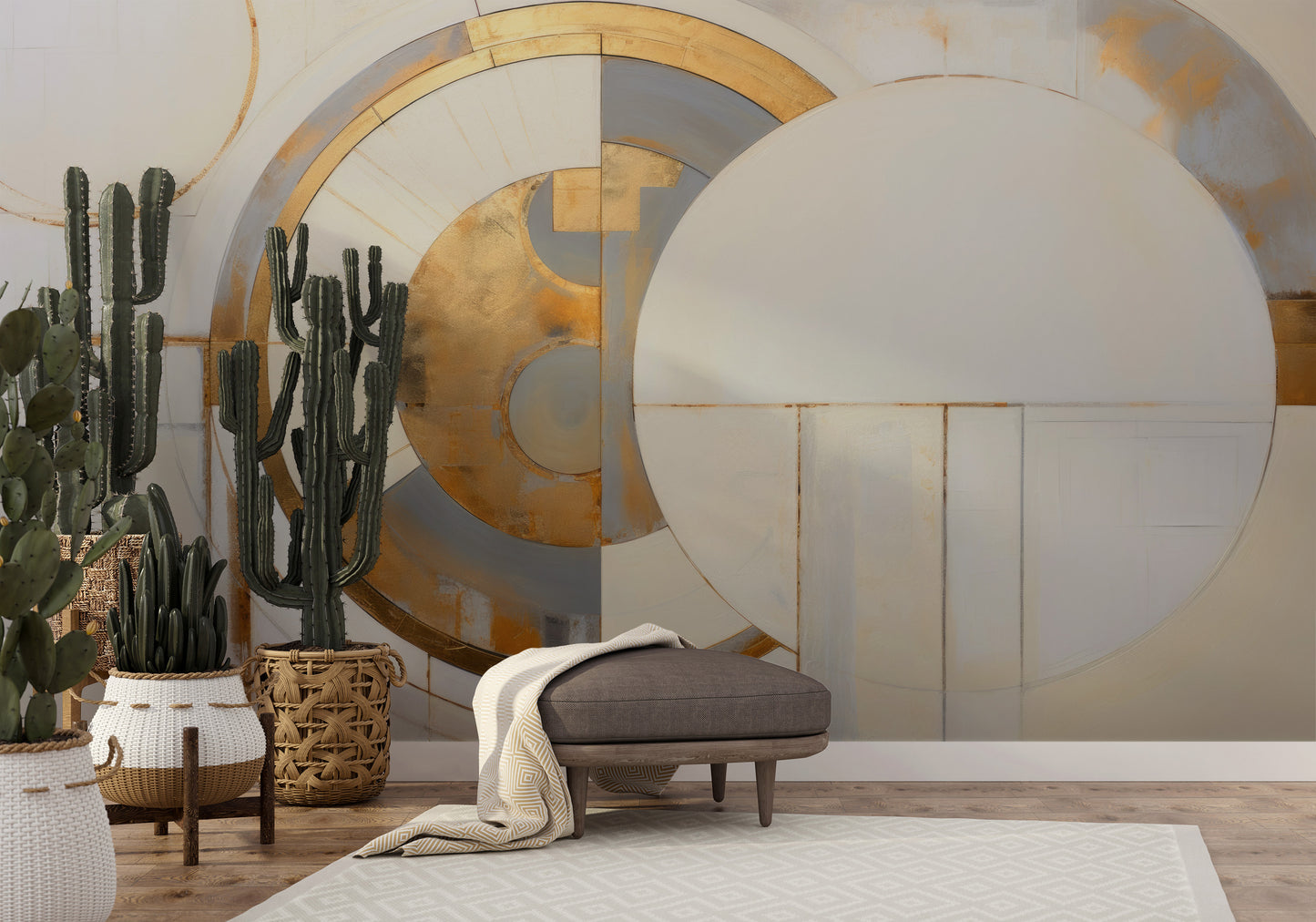 Wzór fototapety artystycznej o nazwie CIRCULAR DIVINITY IN GOLD pokazanej w aranżacji wnętrza.