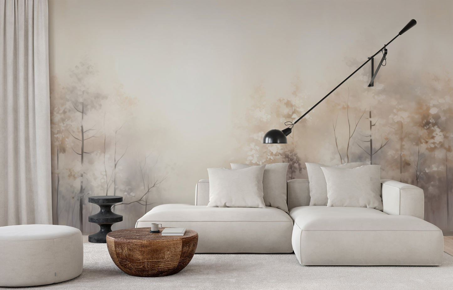 Zdjęcie prezentuje aranżację wnętrza z użyciem fototapety o nazwie DAWN'S GENTLE EMBRACE MURAL pokazanej w aranżacji wnętrza.