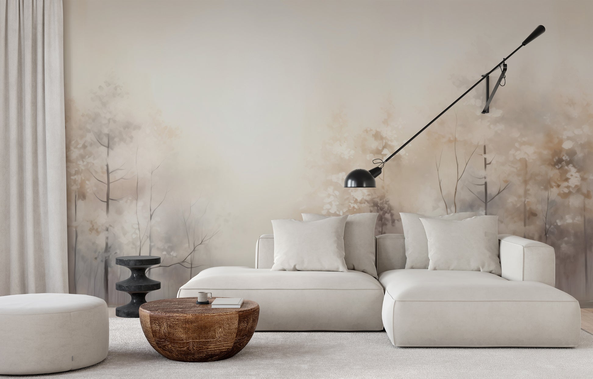 Zdjęcie prezentuje aranżację wnętrza z użyciem fototapety o nazwie DAWN'S GENTLE EMBRACE MURAL pokazanej w aranżacji wnętrza.