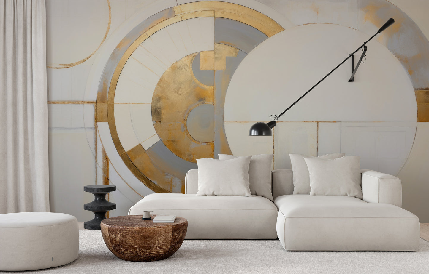 Wzór fototapety o nazwie CIRCULAR DIVINITY IN GOLD pokazanej w kontekście pomieszczenia.