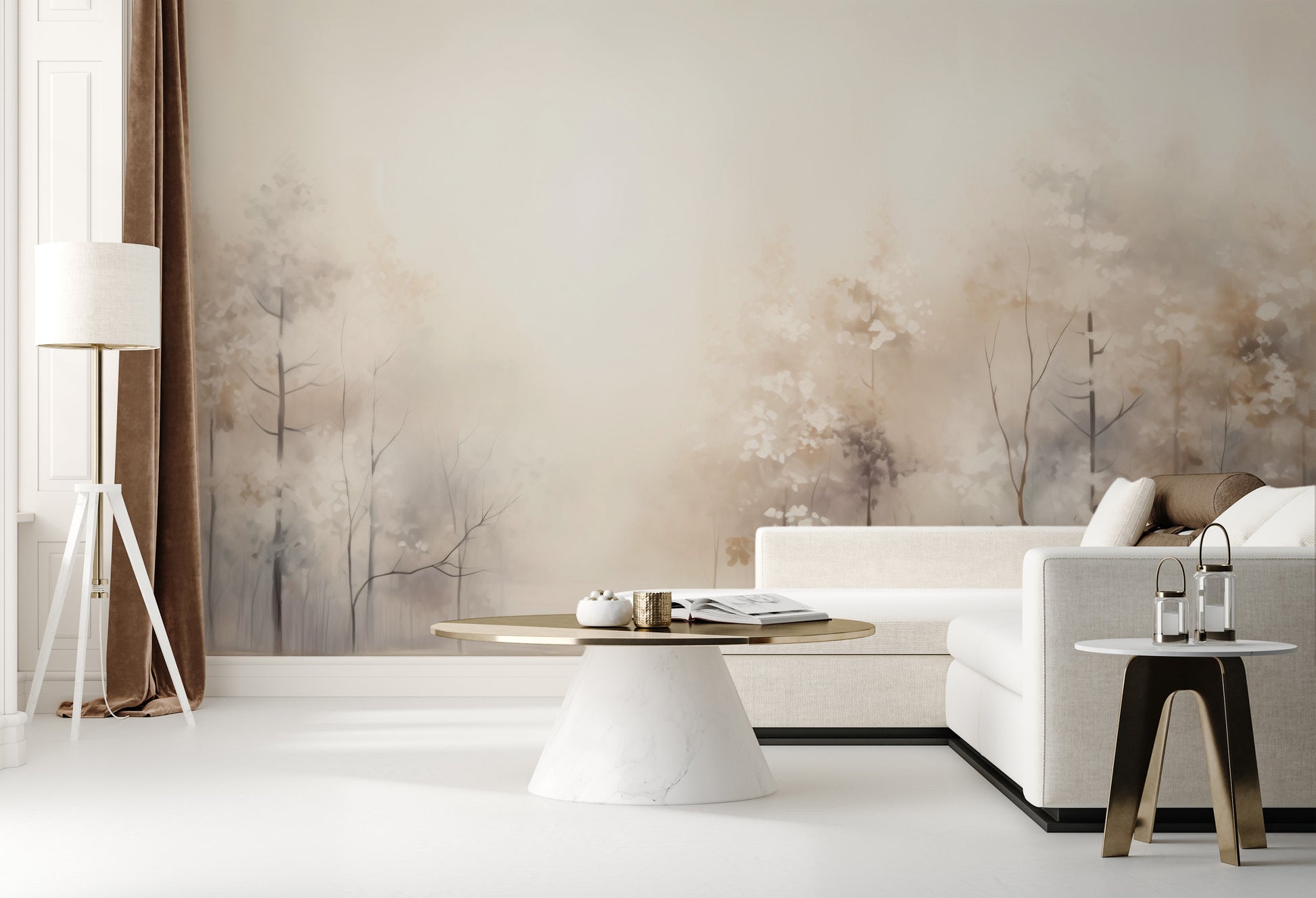 Wzór fototapety artystycznej o nazwie DAWN'S GENTLE EMBRACE MURAL pokazanej w aranżacji wnętrza.
